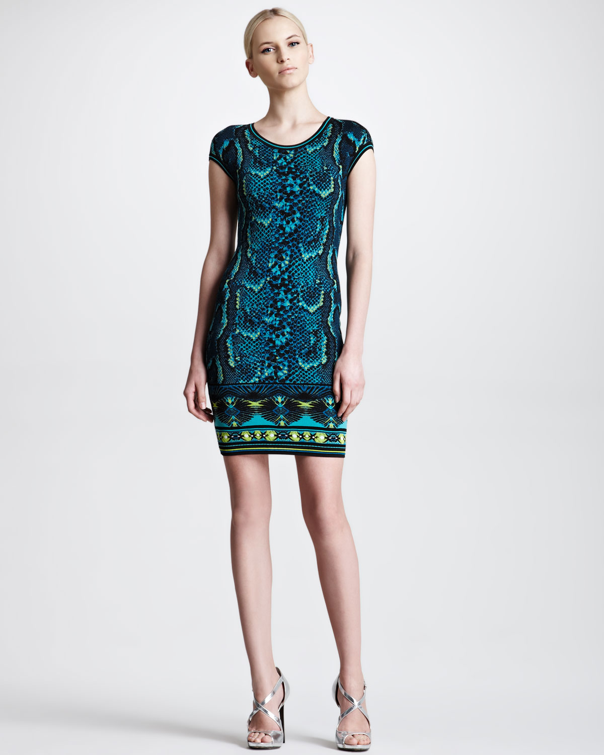Lyst Roberto Cavalli Shortsleeve Snakeprint Sheath Dress In Blue Gallery