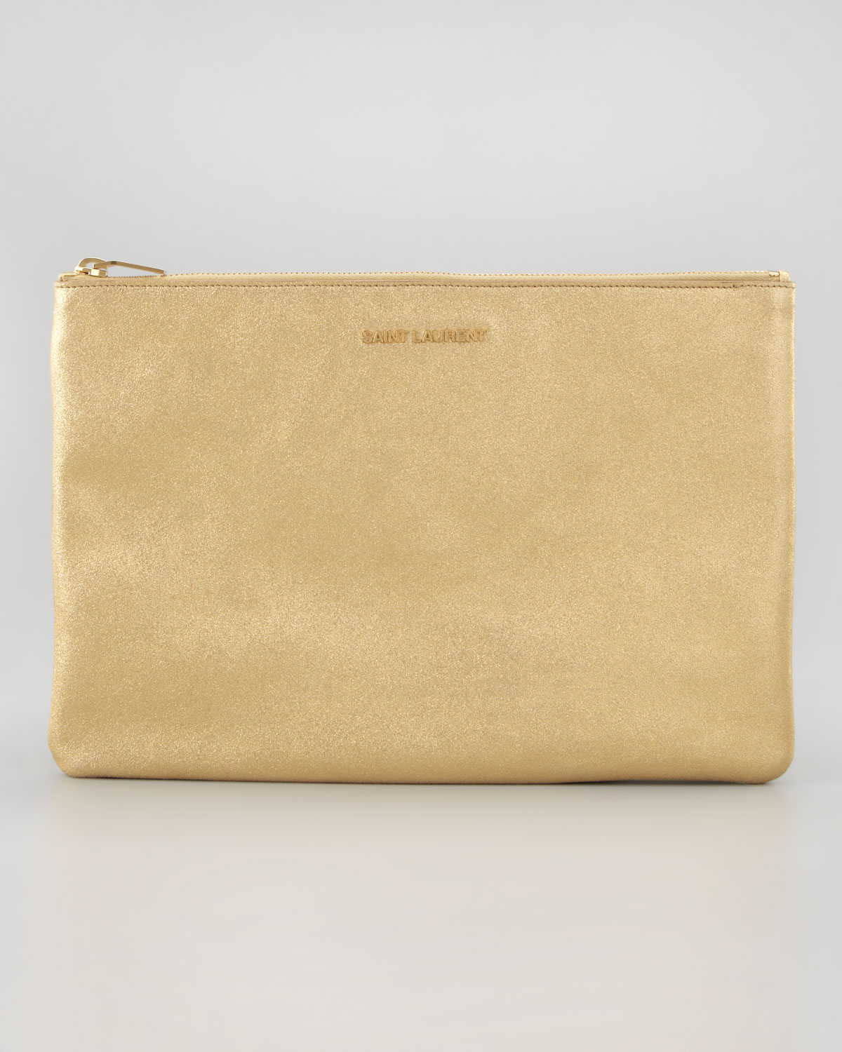 Saint Laurent Letters Medium Metallic Zip Clutch Bag Gold in Gold