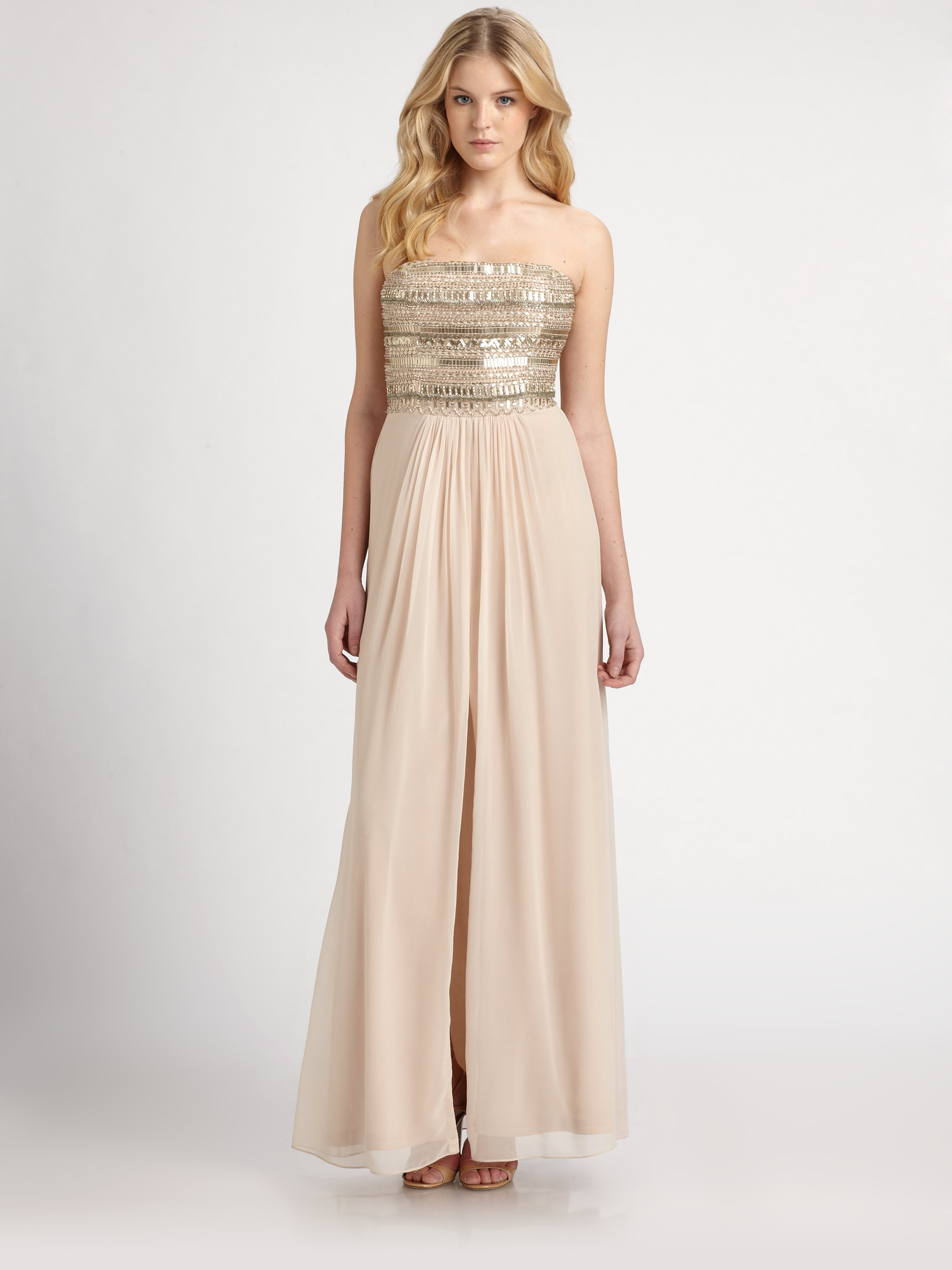 aidan mattox strapless embroidered gown