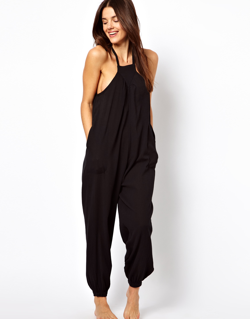 Lyst - Asos Halter Cheesecloth Beach Jumpsuit in Black