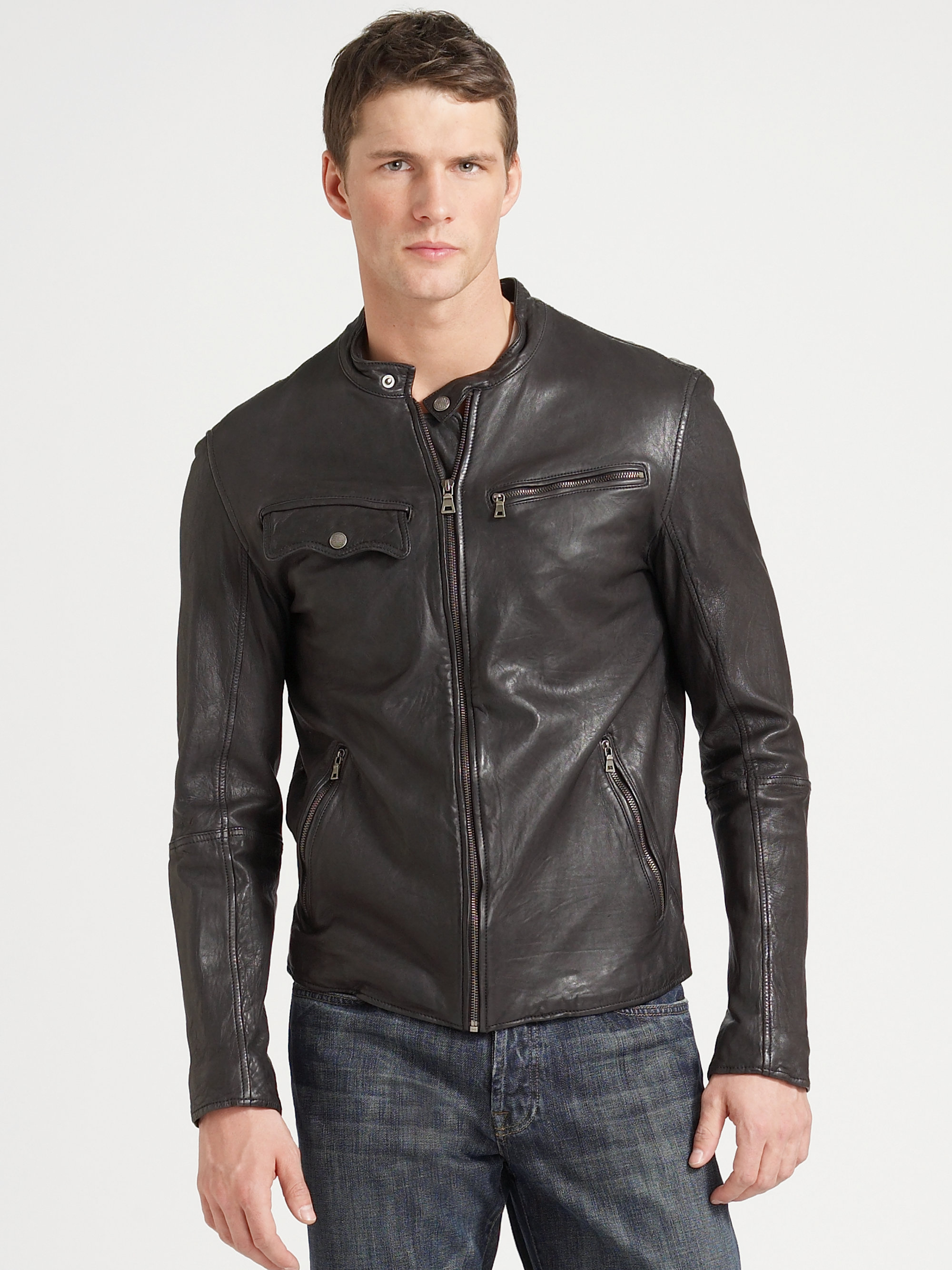Cole Haan Washed Leather Motorcycle Jacket in Black for