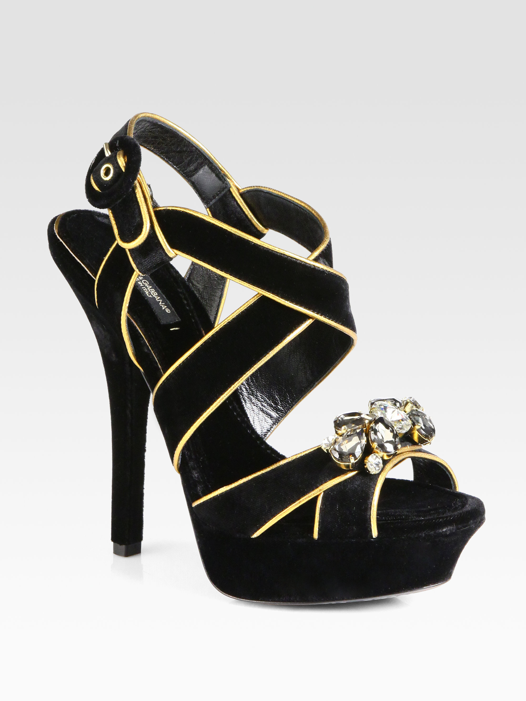 Dolce & Gabbana Jeweled Velvet Platform Sandals in Black Gold (Black ...