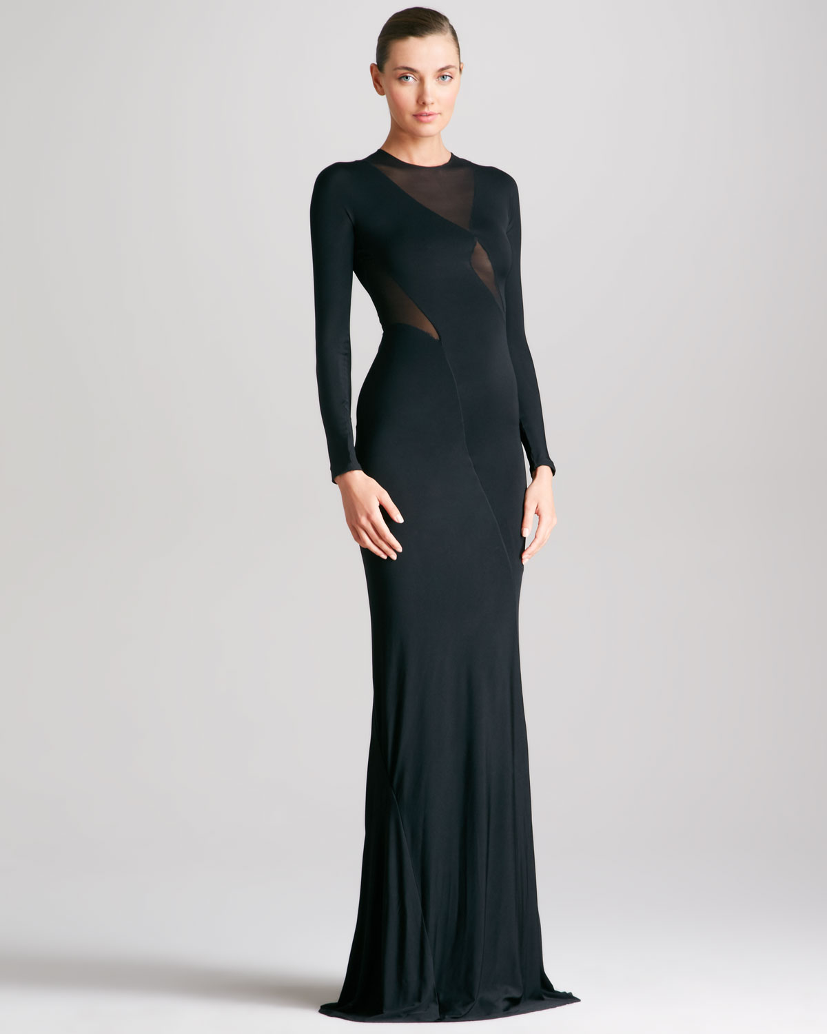 Donna karan new york Sheer Inset Long Sleeve Evening Gown in Black | Lyst