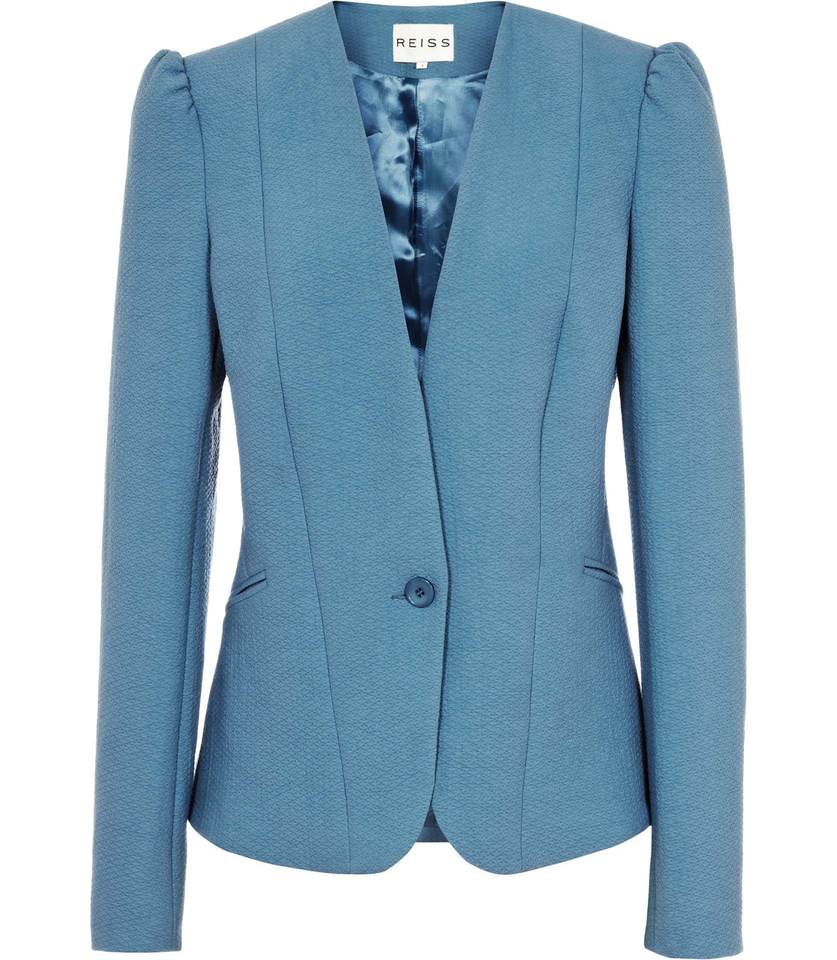 Lyst - Reiss Lolli Plain Collarless Puff Shoulder Jacket in Blue