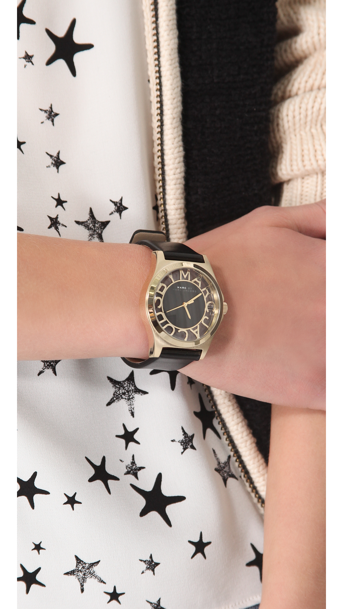 Marc Jacobs The Thin Outline Logo Black Gold Webbing Strap