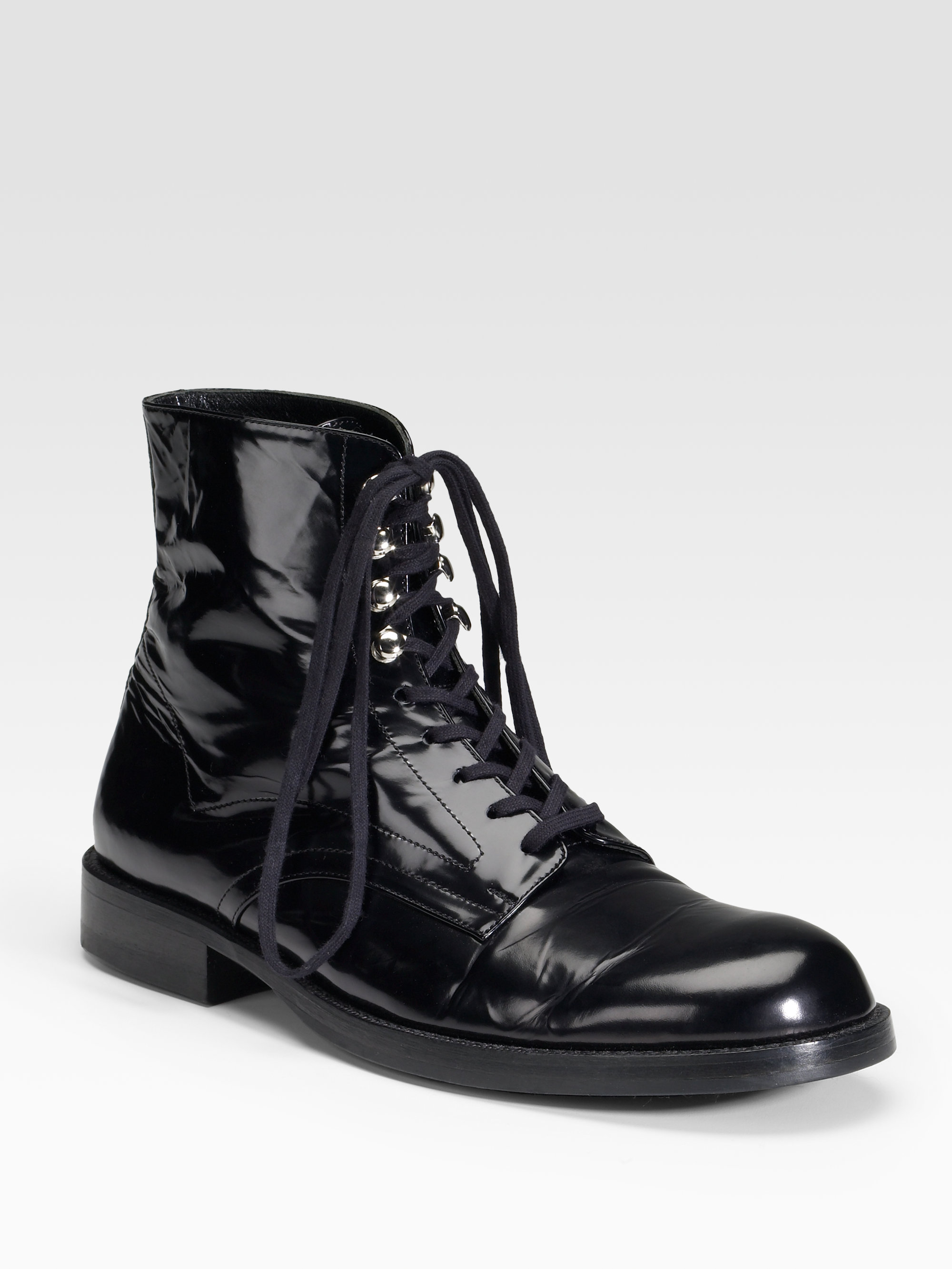 Junya Watanabe Flat Lace Up Shiny Leather Ankle Boots In Black Lyst