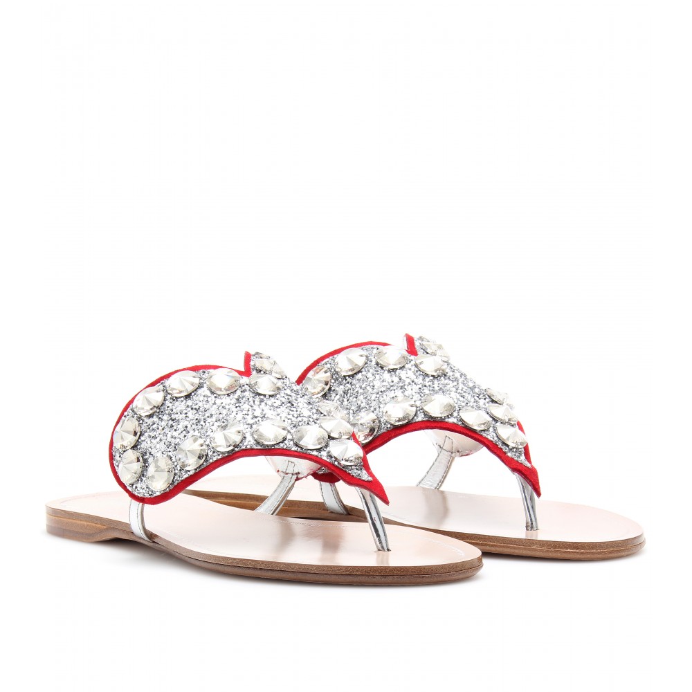 Lyst - Miu miu Leather Sandals with Embellished Heart in Metallic
