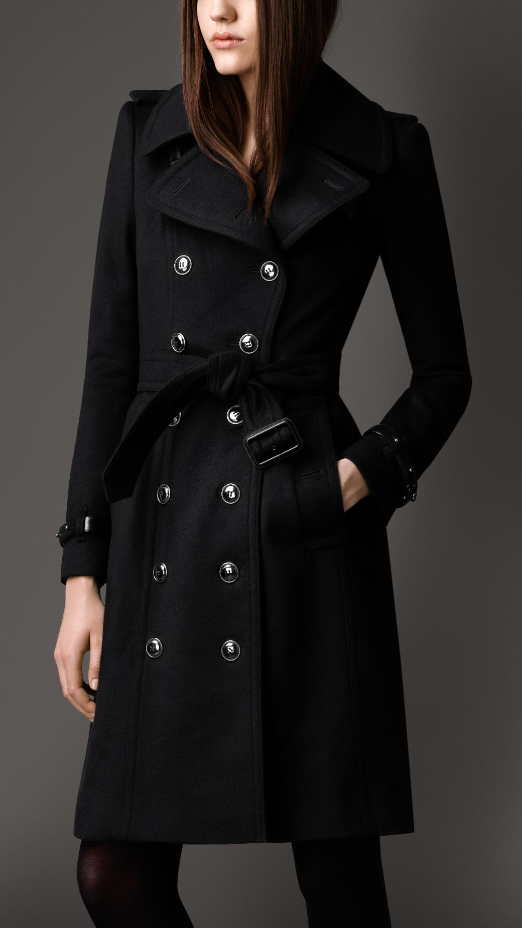 Burberry Long Wool Cashmere Regimental Trench Coat in Black | Lyst