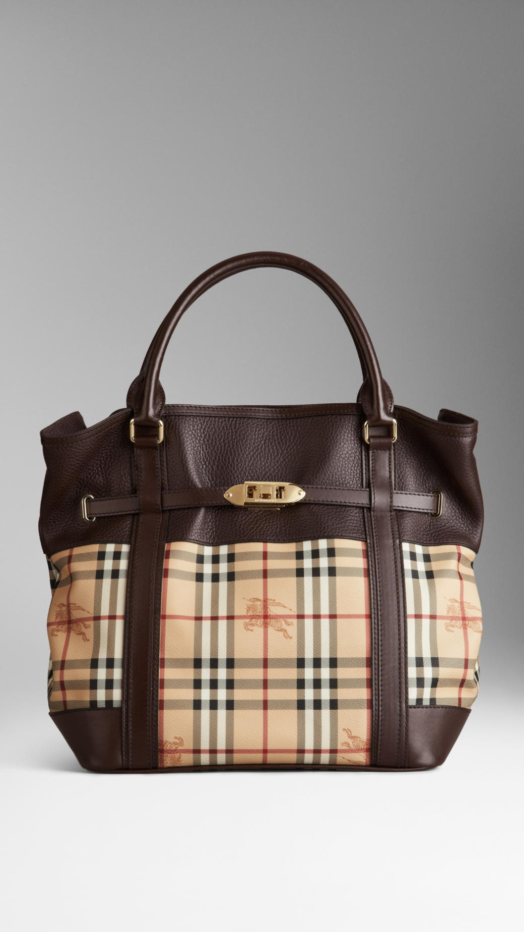 Burberry Medium Leather Haymarket Check Tote Bag in Brown - Lyst