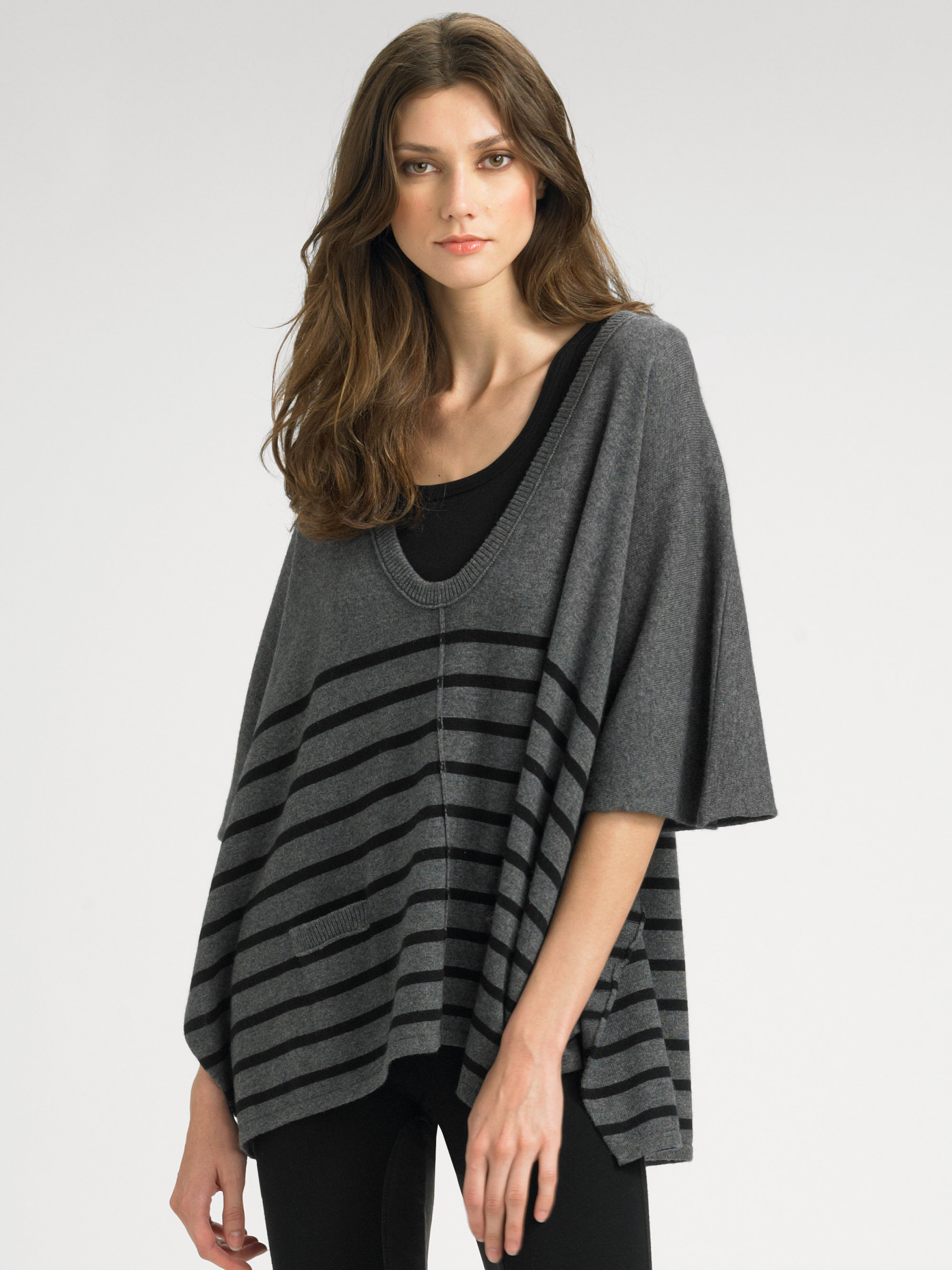 [35% OFF] Fringed Striped Poncho Sweater | Rosegal