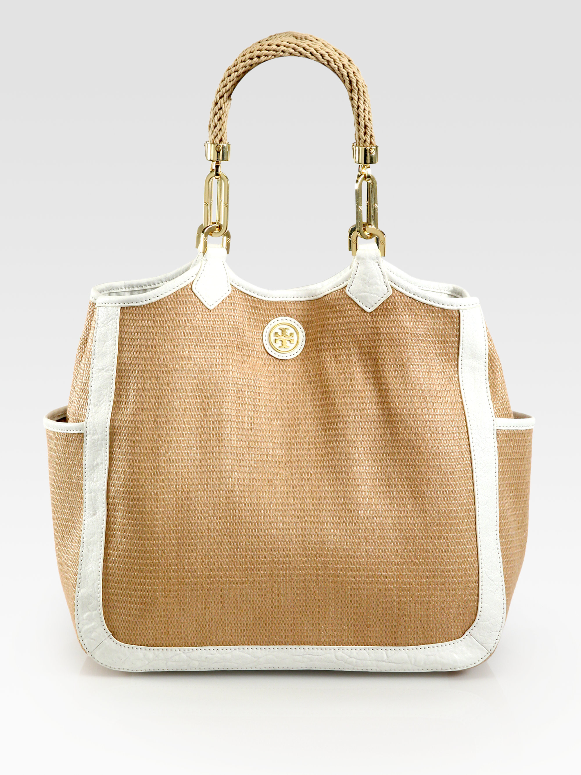 Tory Burch Channing Straw Leather Tote Bag in Natural-White (Brown) - Lyst