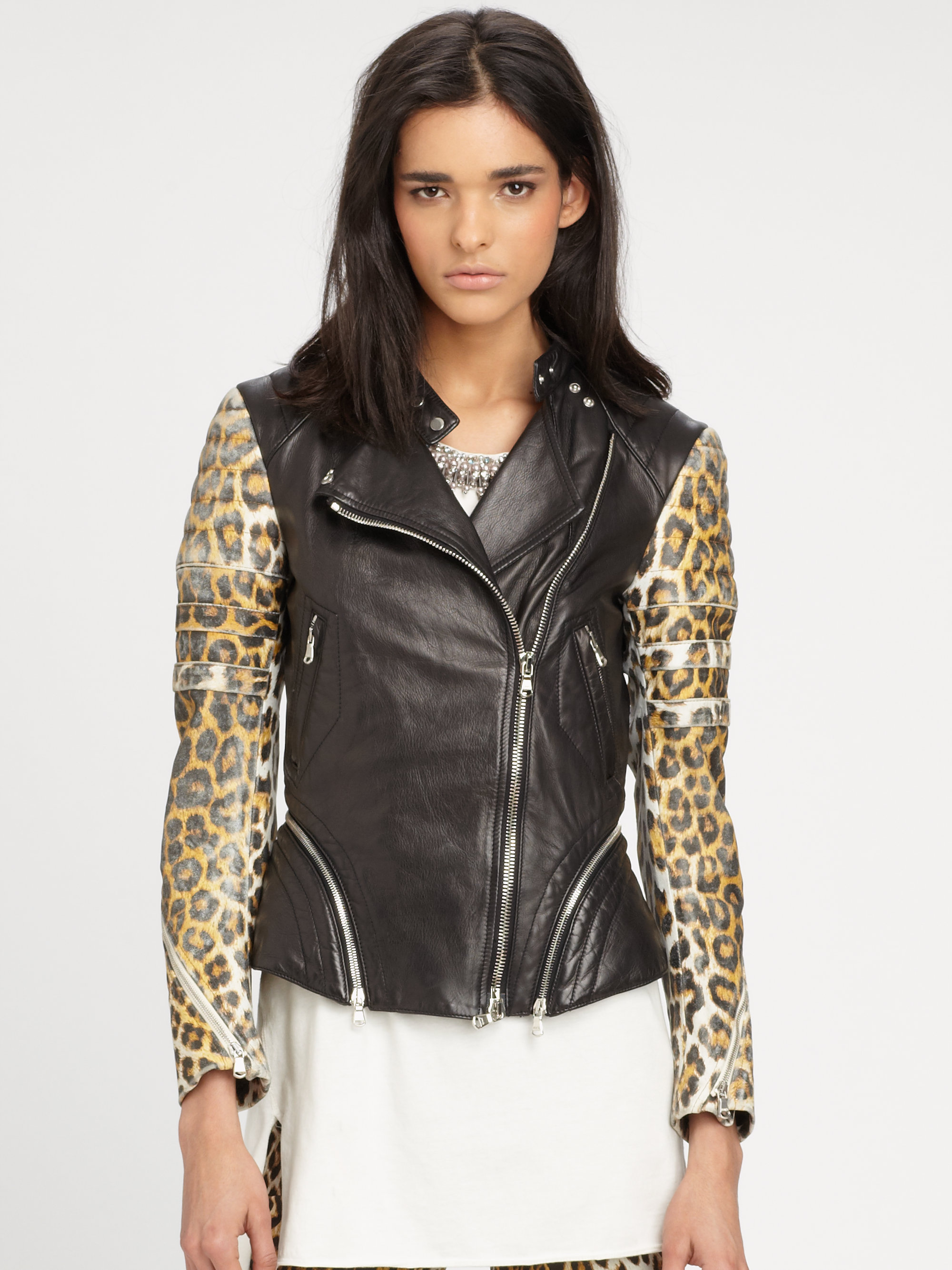 3 1 Phillip Lim Black Printed Leather Peplum Moto Jacket