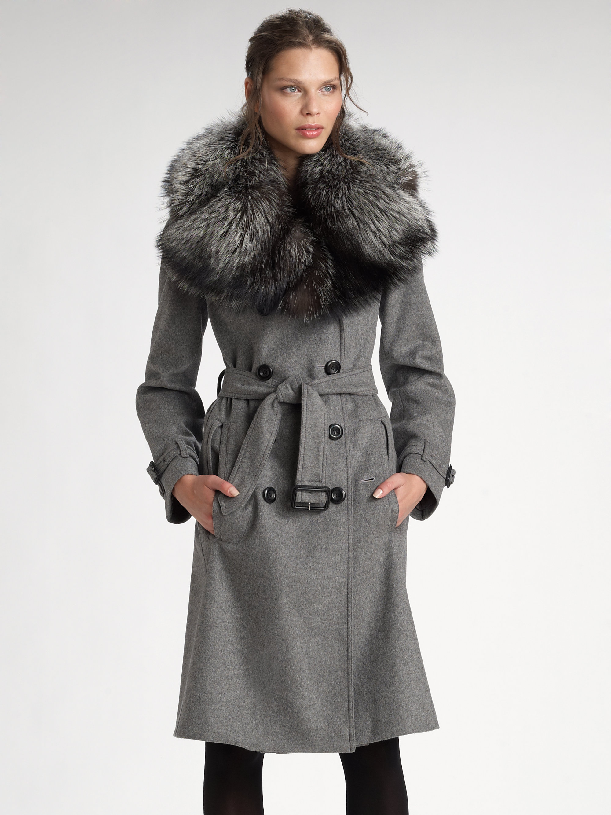 Fur Collar Trenchcoat in Grey Melange 