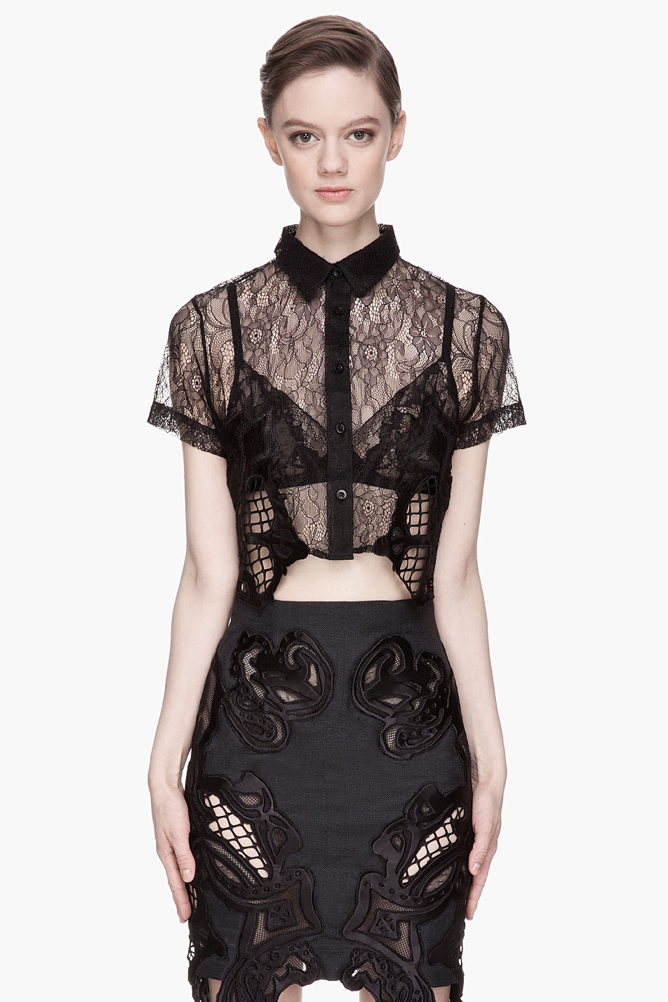 Lyst - Ktz Black Embroidered Lace Cropped Blouse in Black