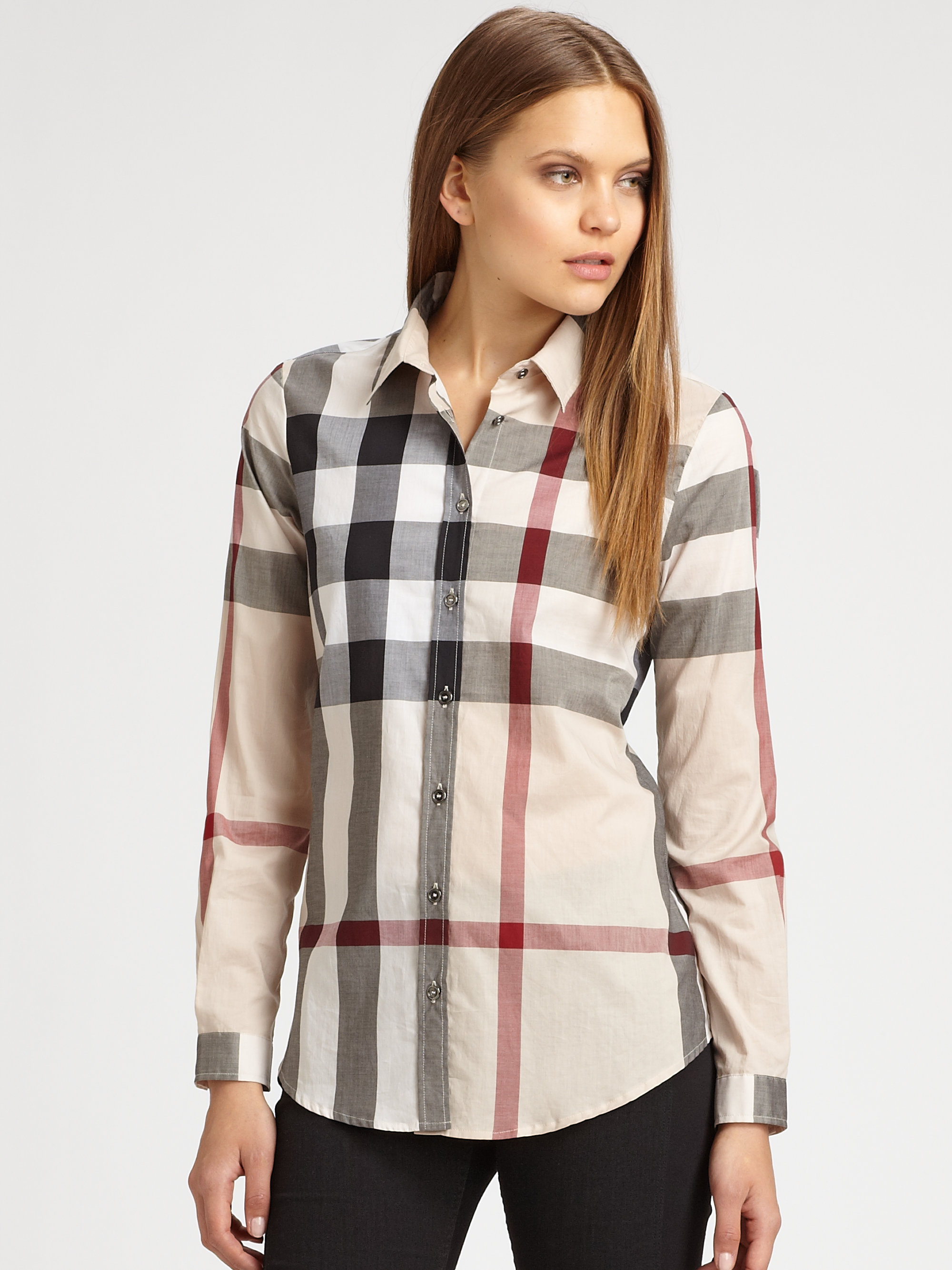 Integratie lood Oxide Burberry Brit Cotton Check Blouse in Natural | Lyst