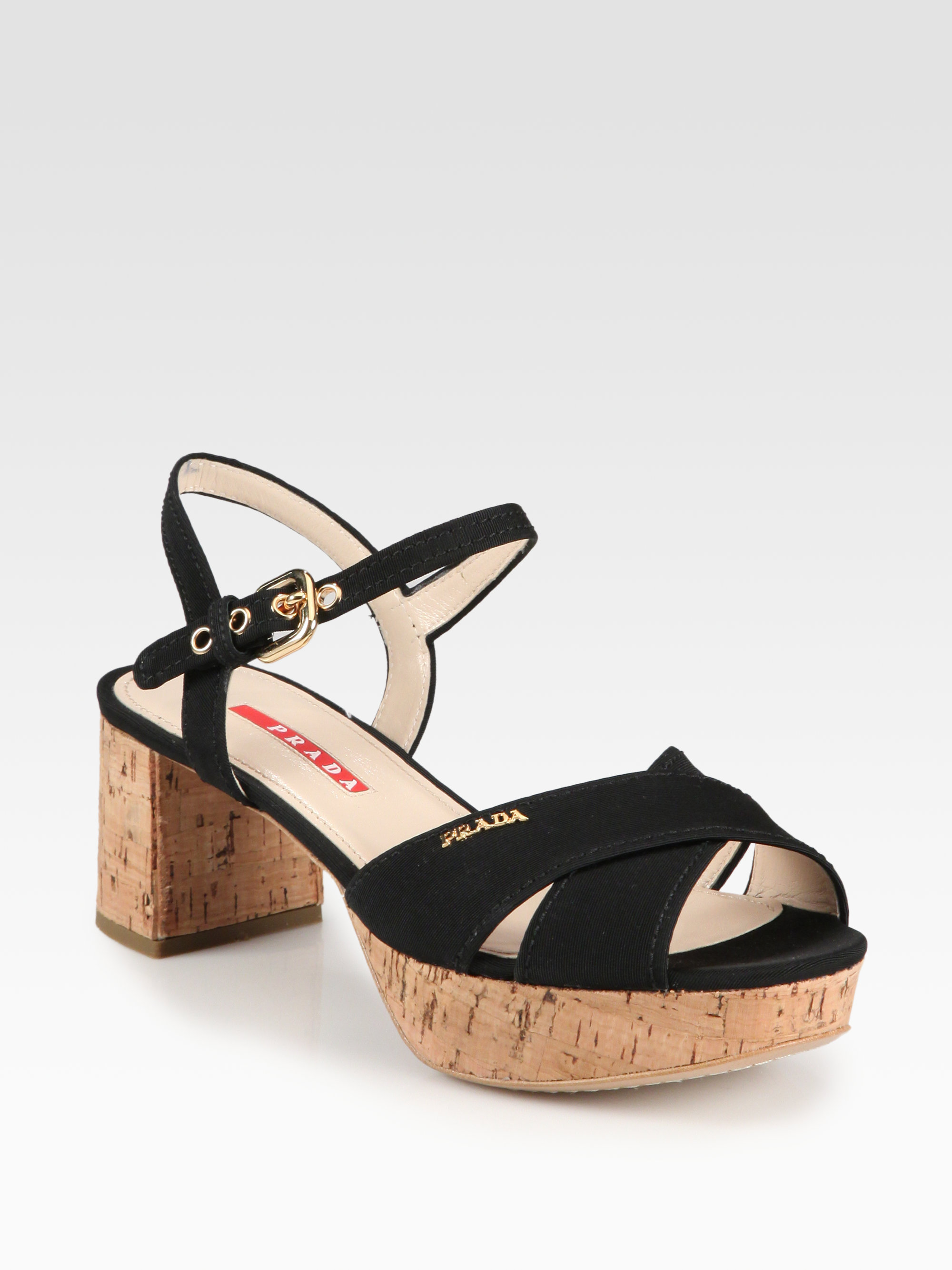 Prada Crisscross Cork Platform Sandals in Black - Lyst