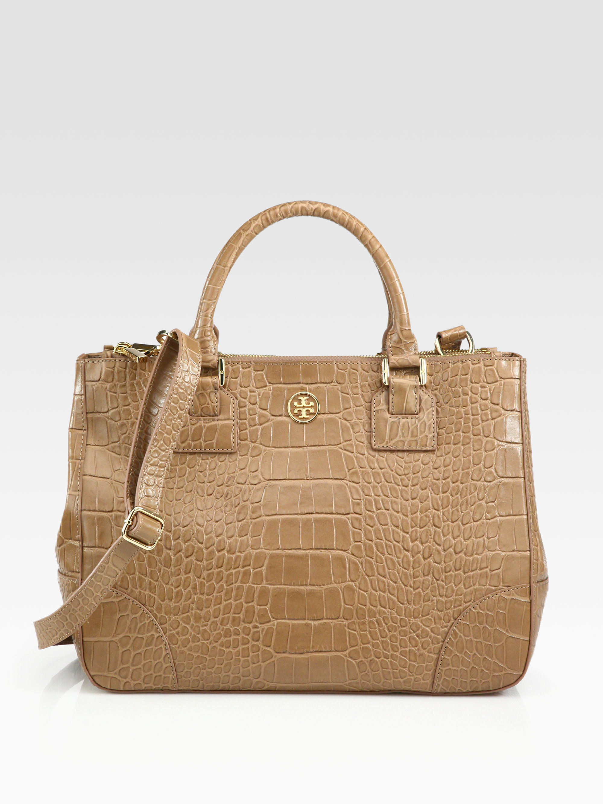 Tory burch Robinson Crocodile Embossed Leather Tote in Brown | Lyst