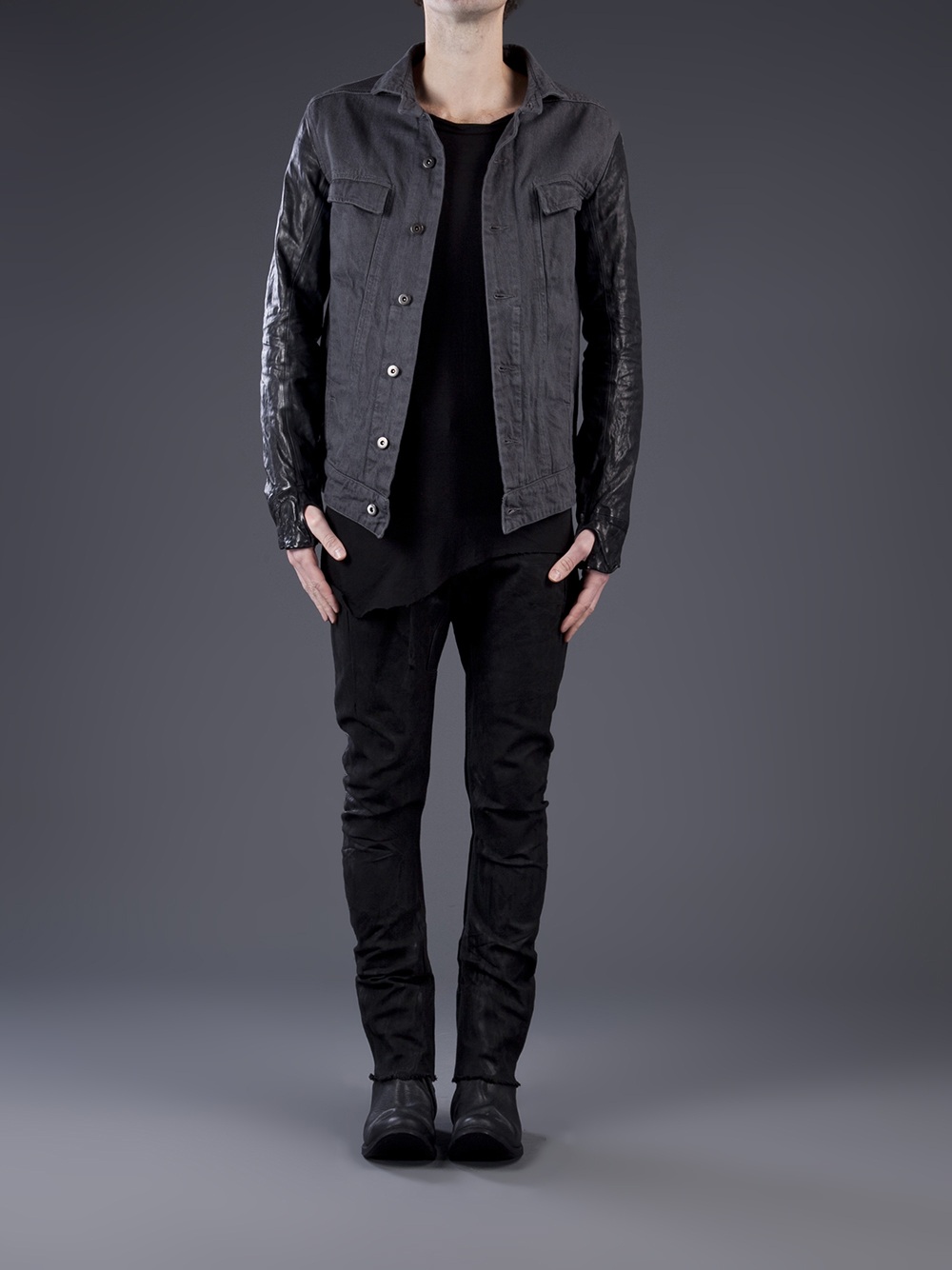 Boris Bidjan Saberi Leather Sleeve Jacket in Grey (Gray) for Men - Lyst