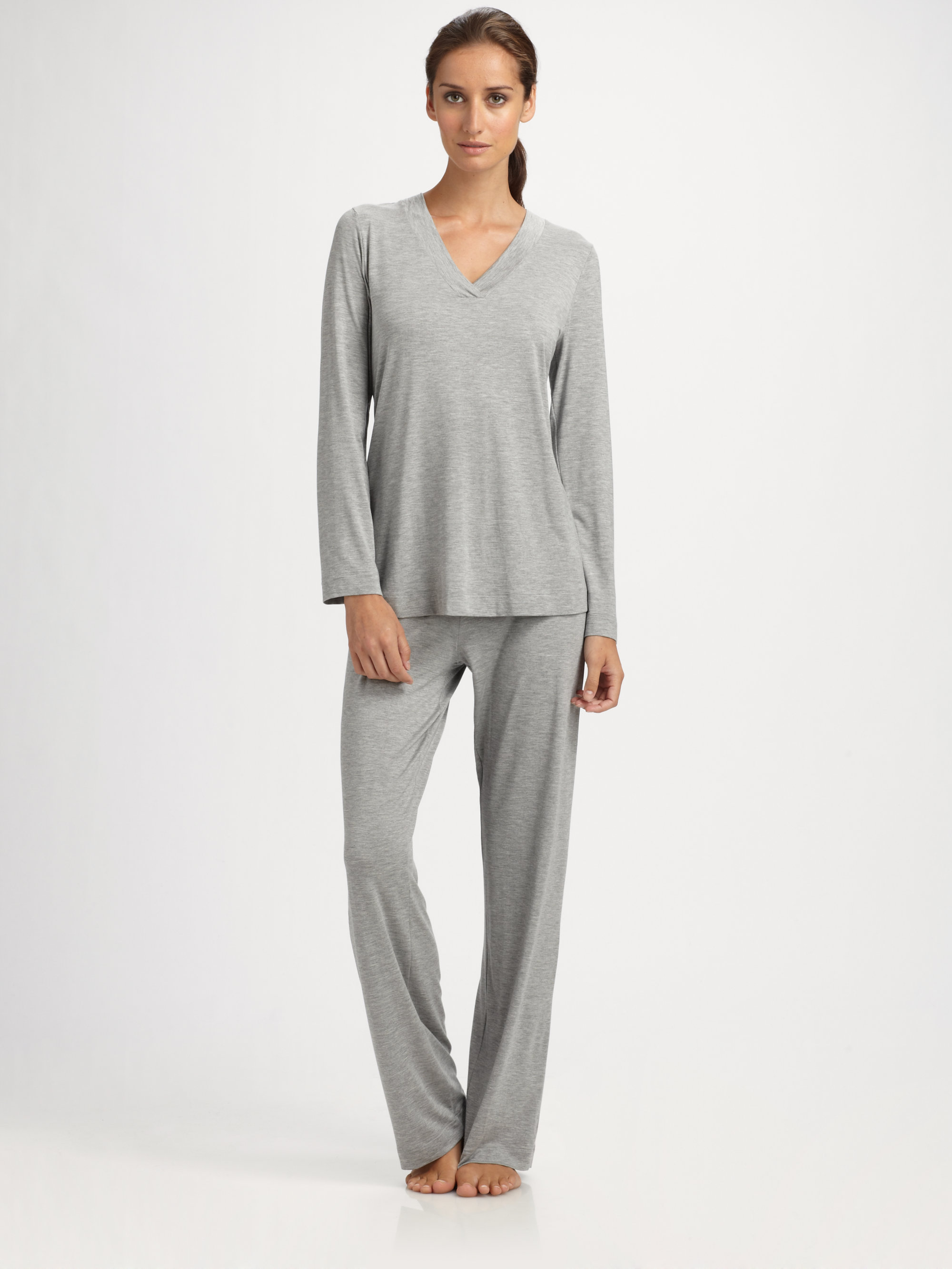 Hanro Longsleeve Pajamas in Grey Melange (Gray) - Lyst