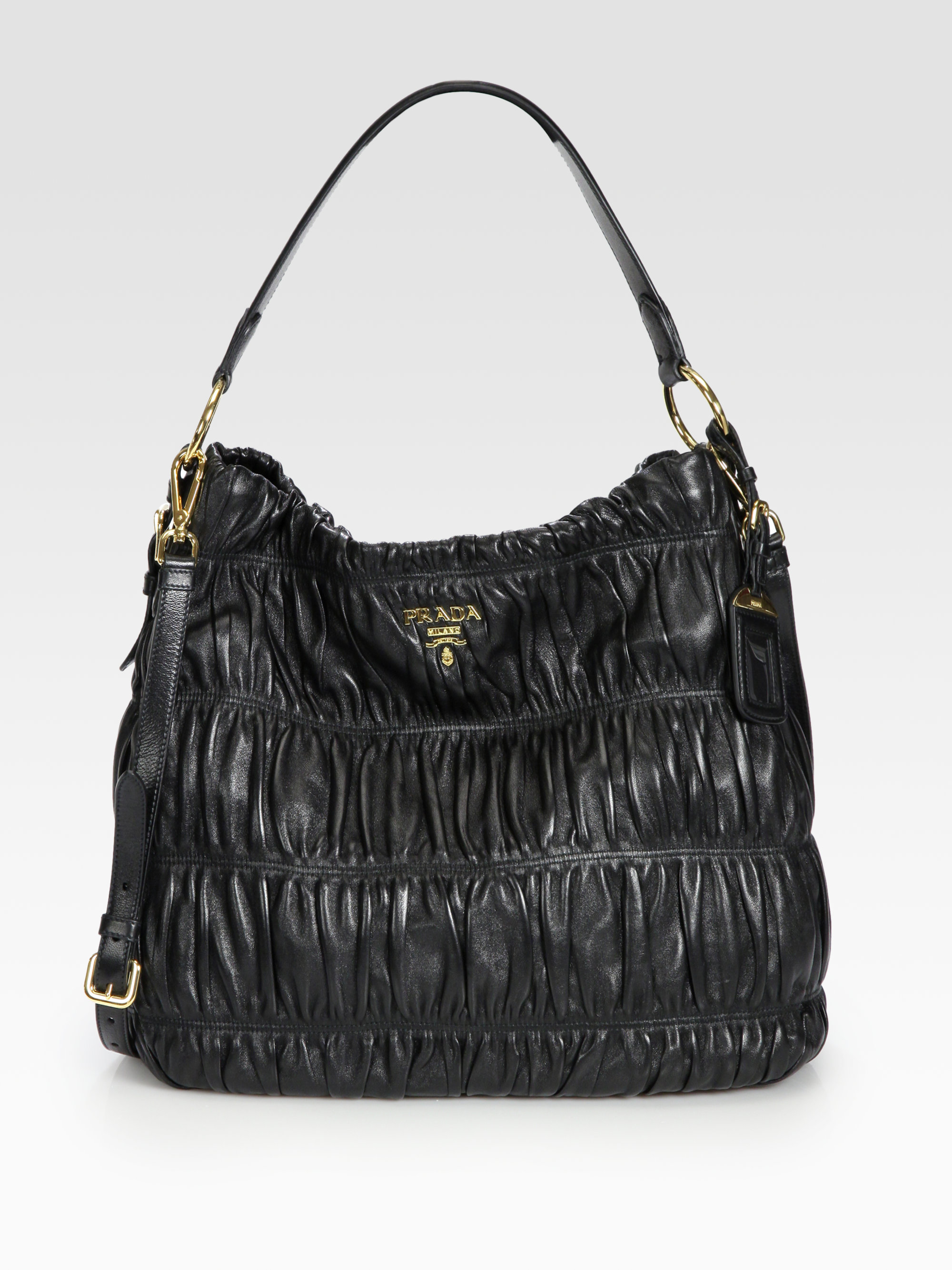 Prada Nappa Gaufre Ruched Leather Hobo in Black - Lyst