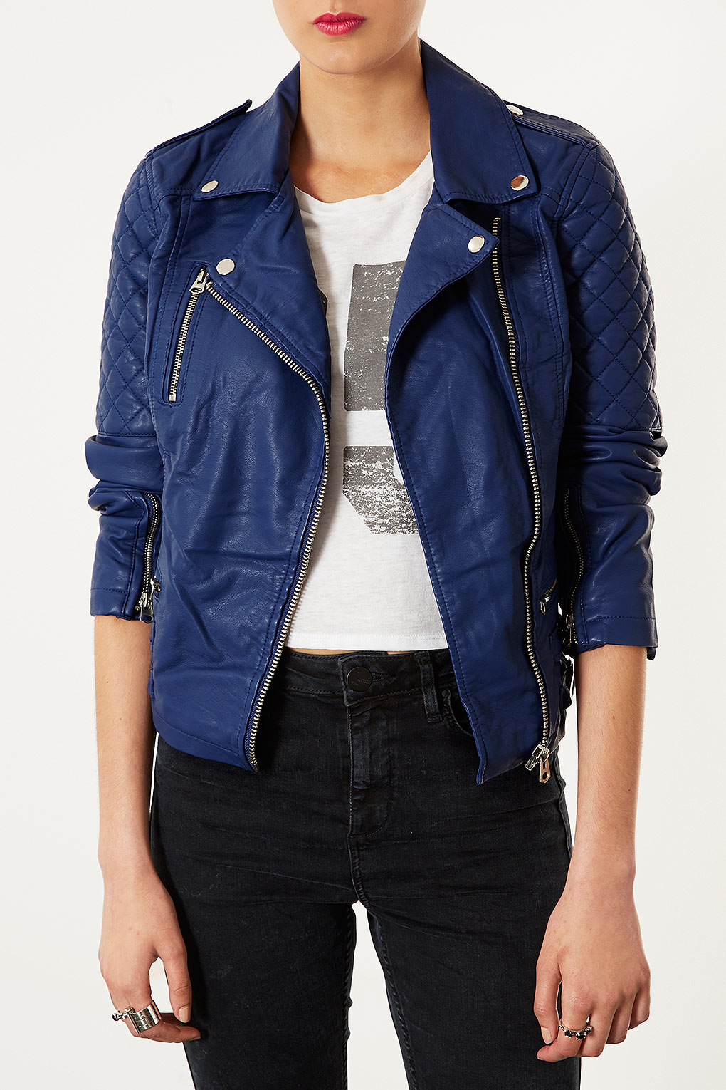Quilted Biker Jacket in Blue Lyst