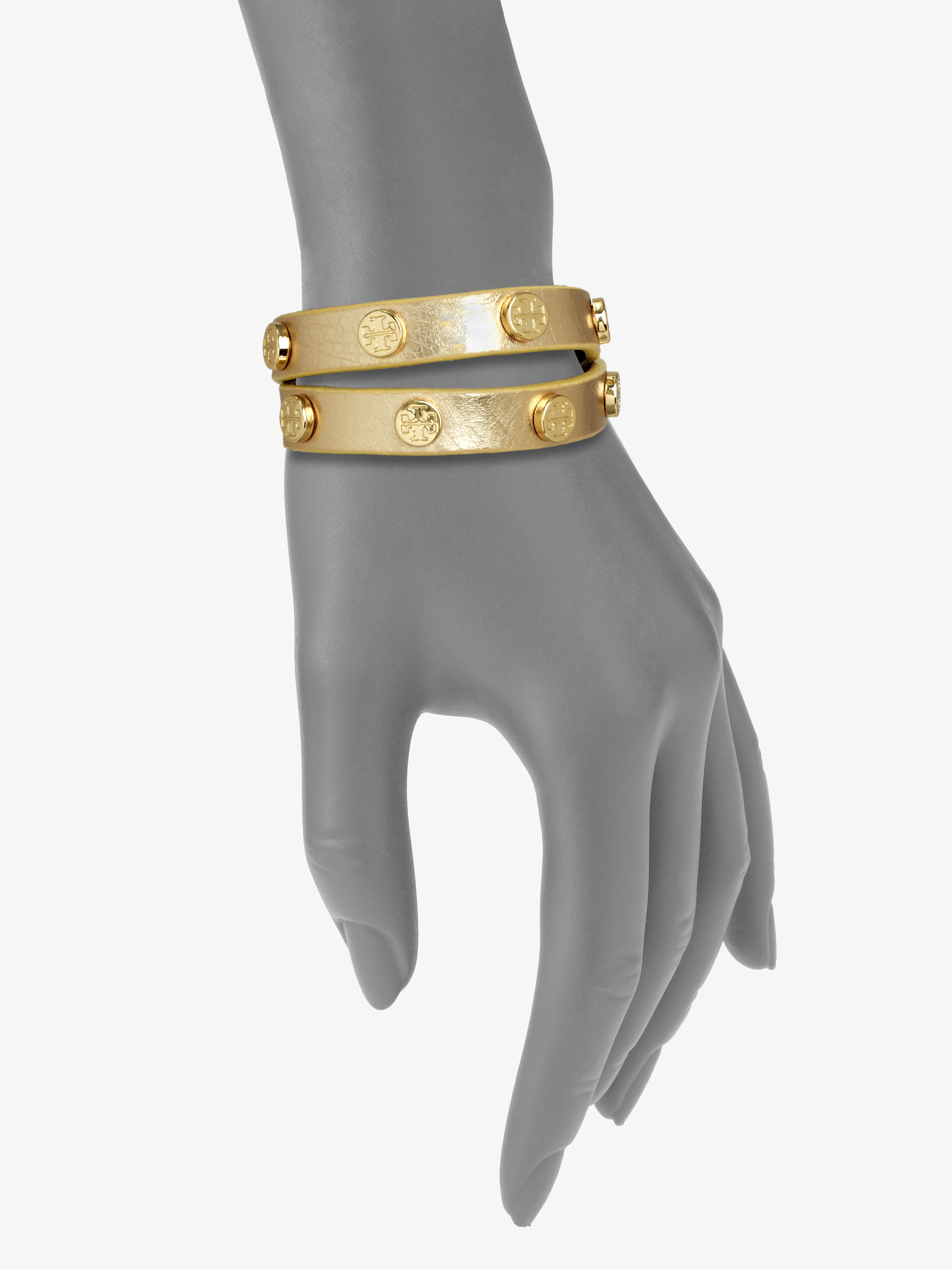 Tory Burch Logo-studded Metallic Leather Double-wrap Bracelet | Lyst