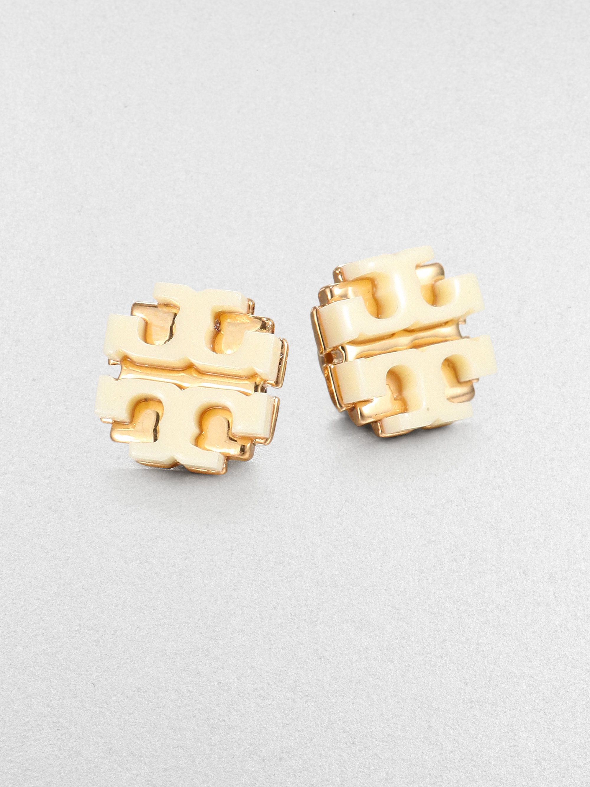 Tory Burch Enamel Large Logo Stud Earrings In Ivory Natural Lyst