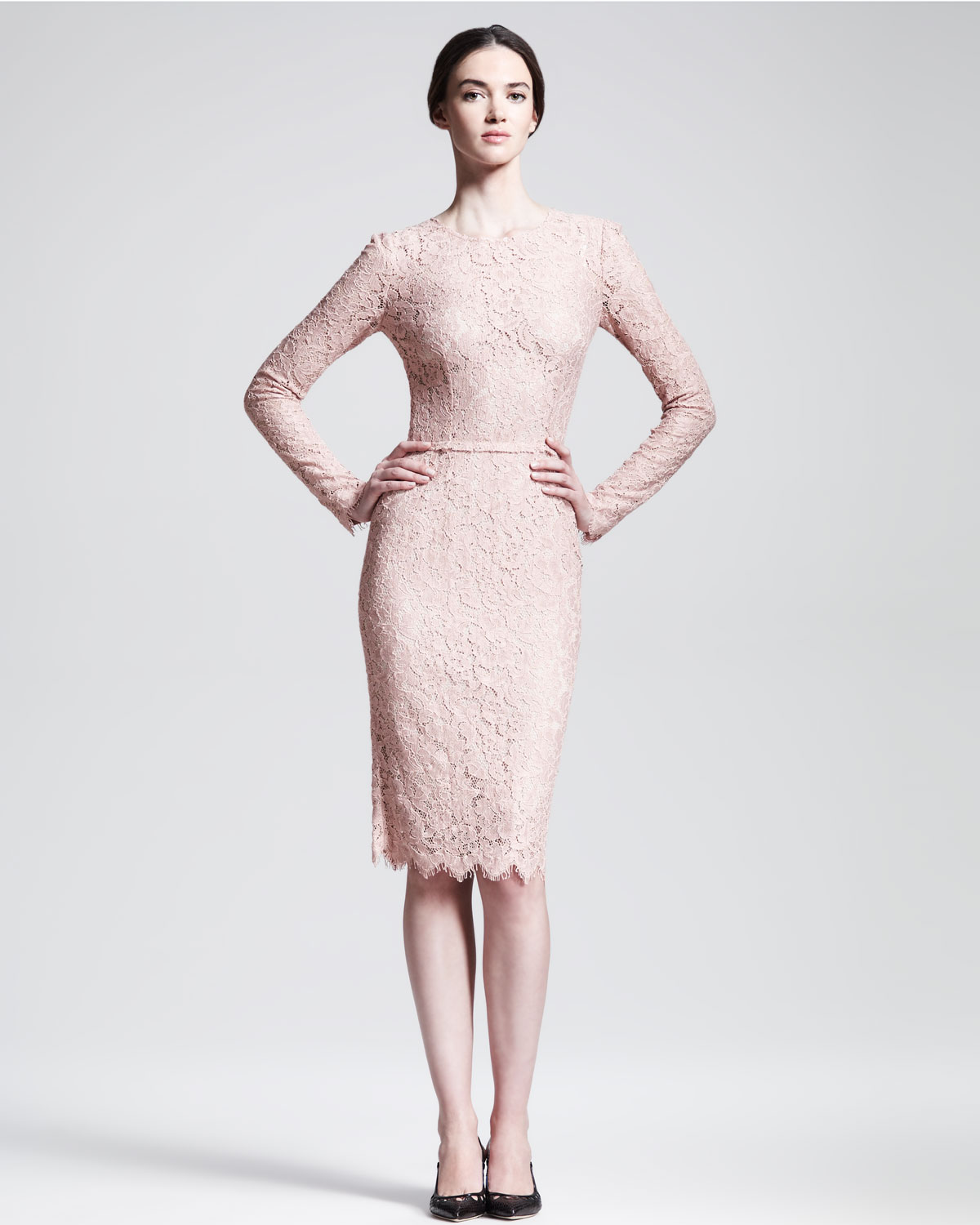 Dolce & Gabbana Longsleeve Belted Lace Dress in Blush ...