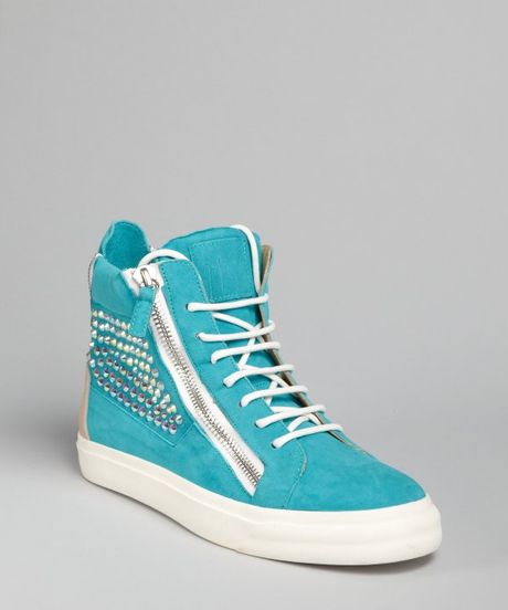 Giuseppe Zanotti Turquoise Suede Crystal Zip Hightop Sneakers in Blue ...