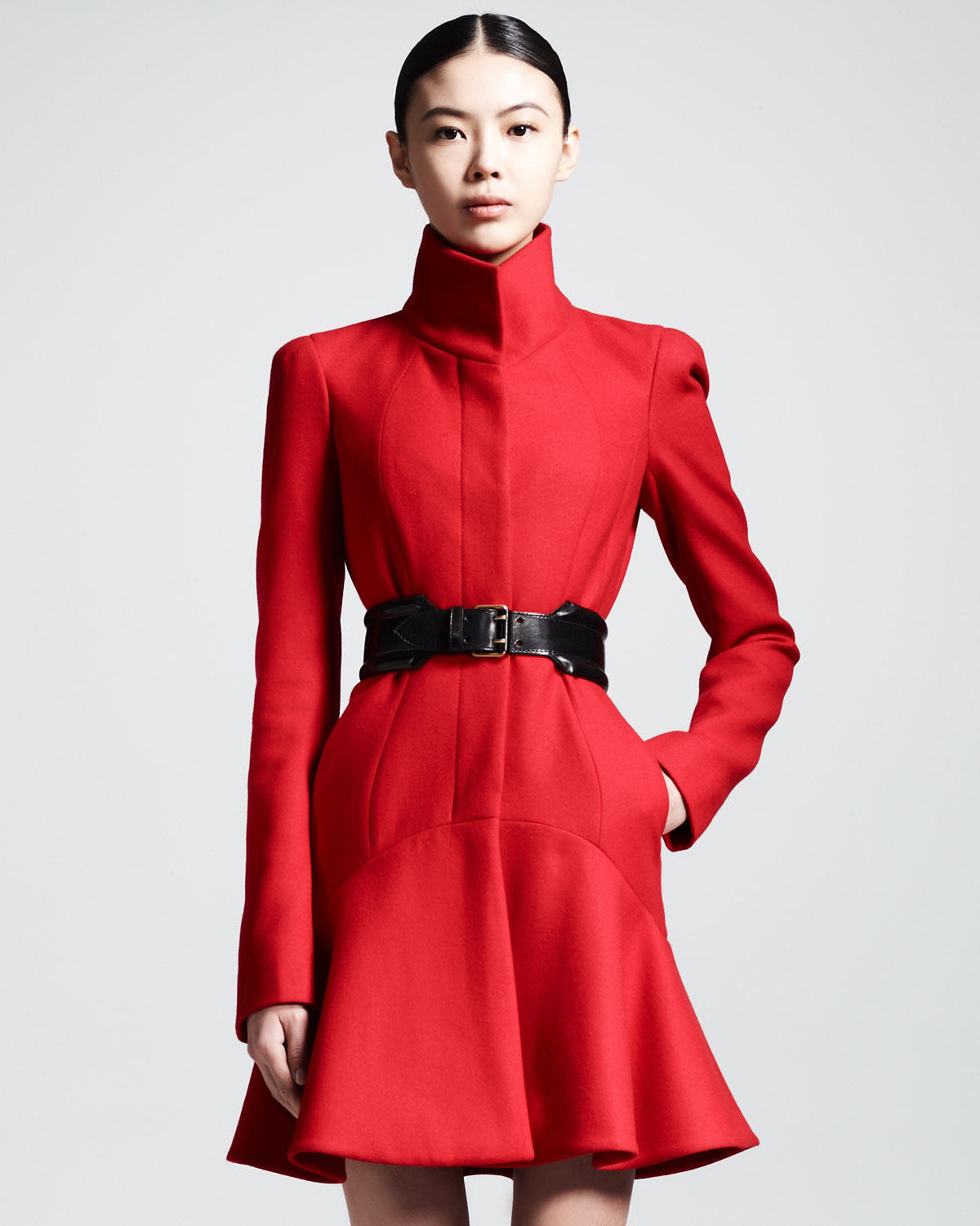 Red dress with sleeves wool jacket