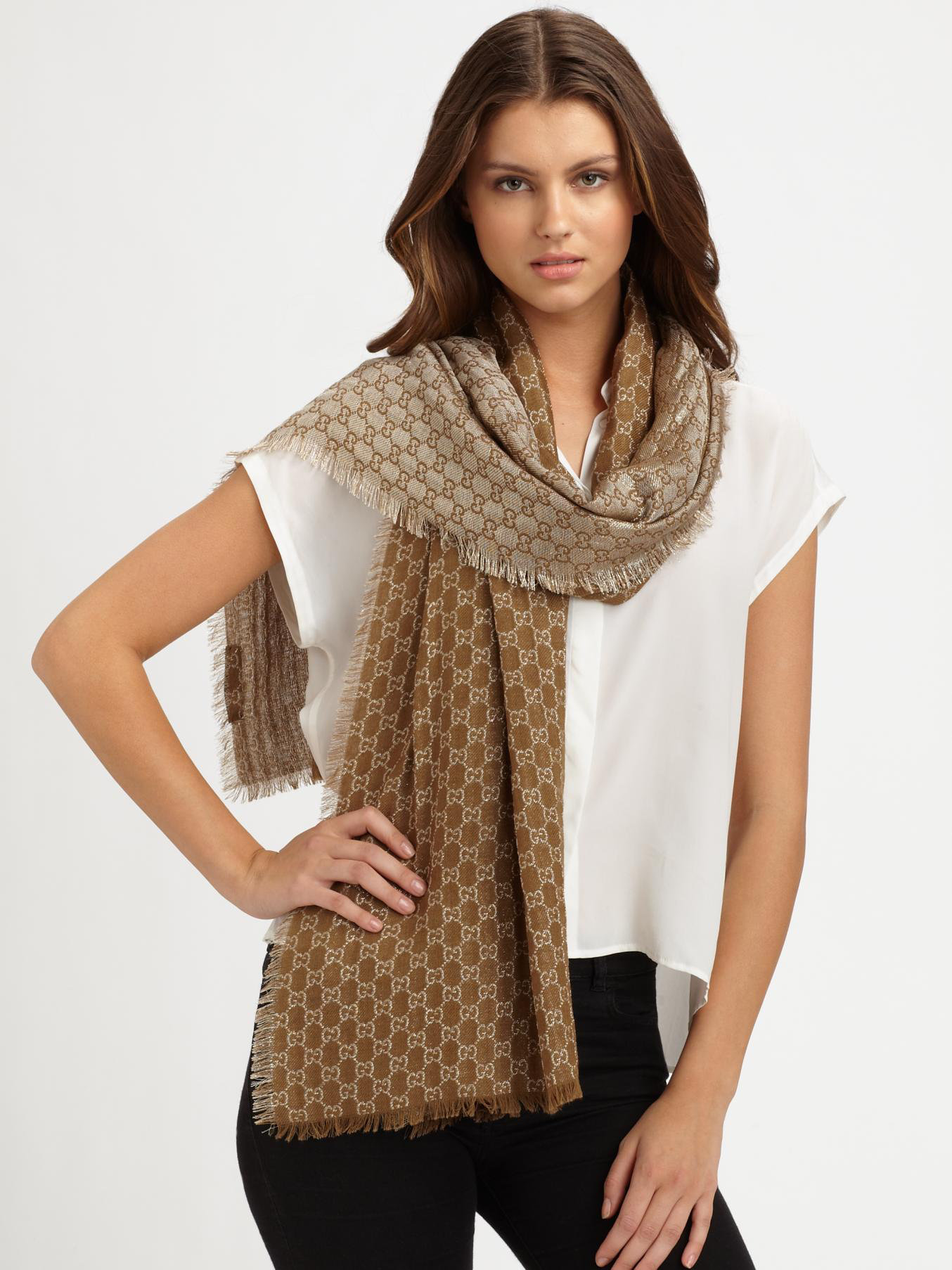 Gucci Calilure Gg Patterned Stole Scarf in BrownGold (Brown) Lyst