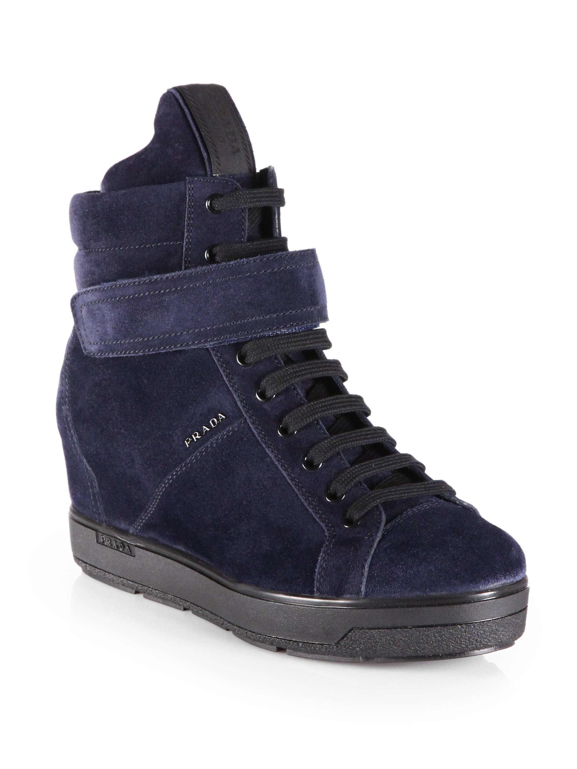 Lyst - Prada Suede Laceup Wedge Sneakers in Blue