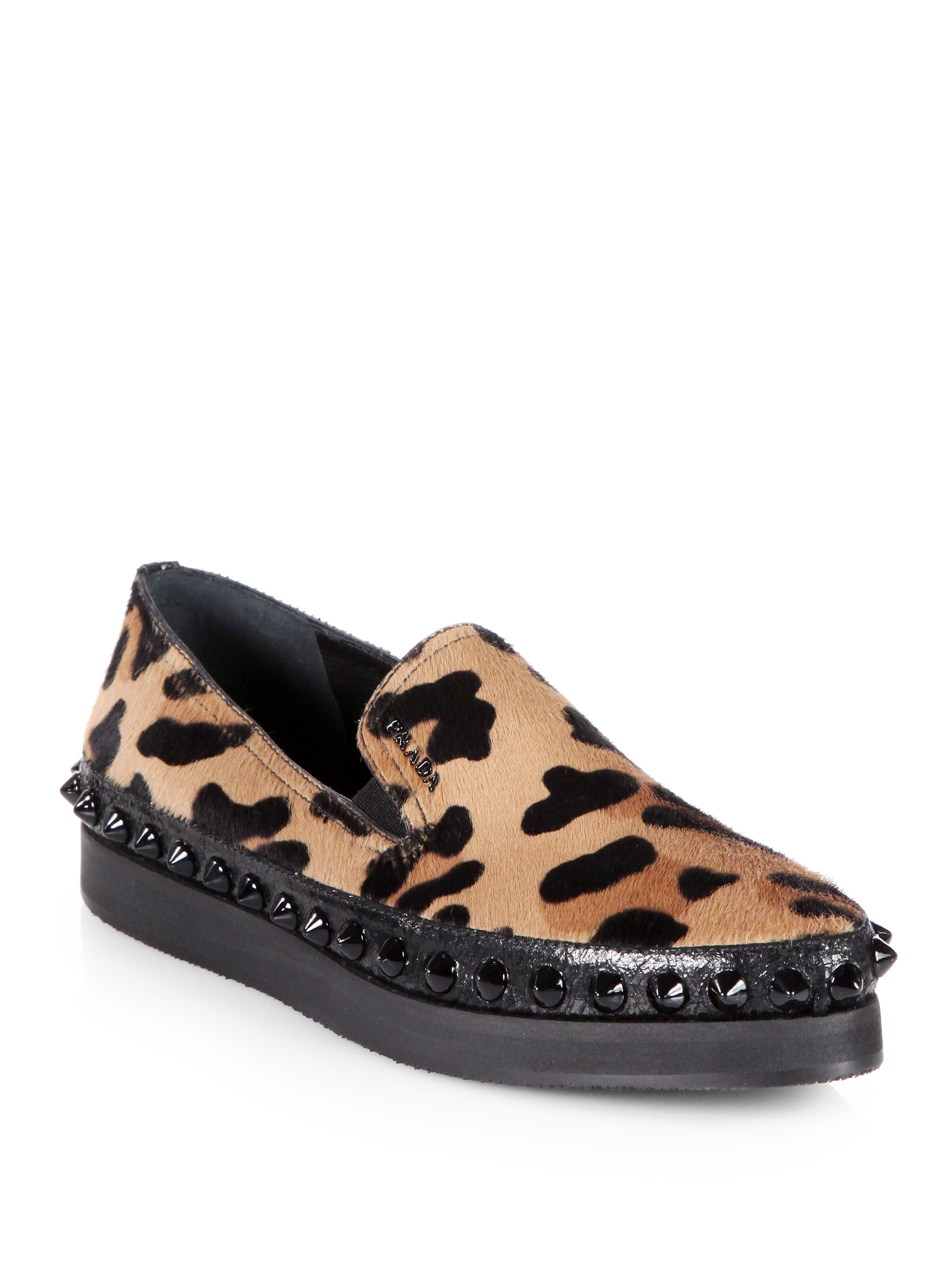 Lyst - Prada Leopardprint Calf Hair Studded Platform Loafers in Black