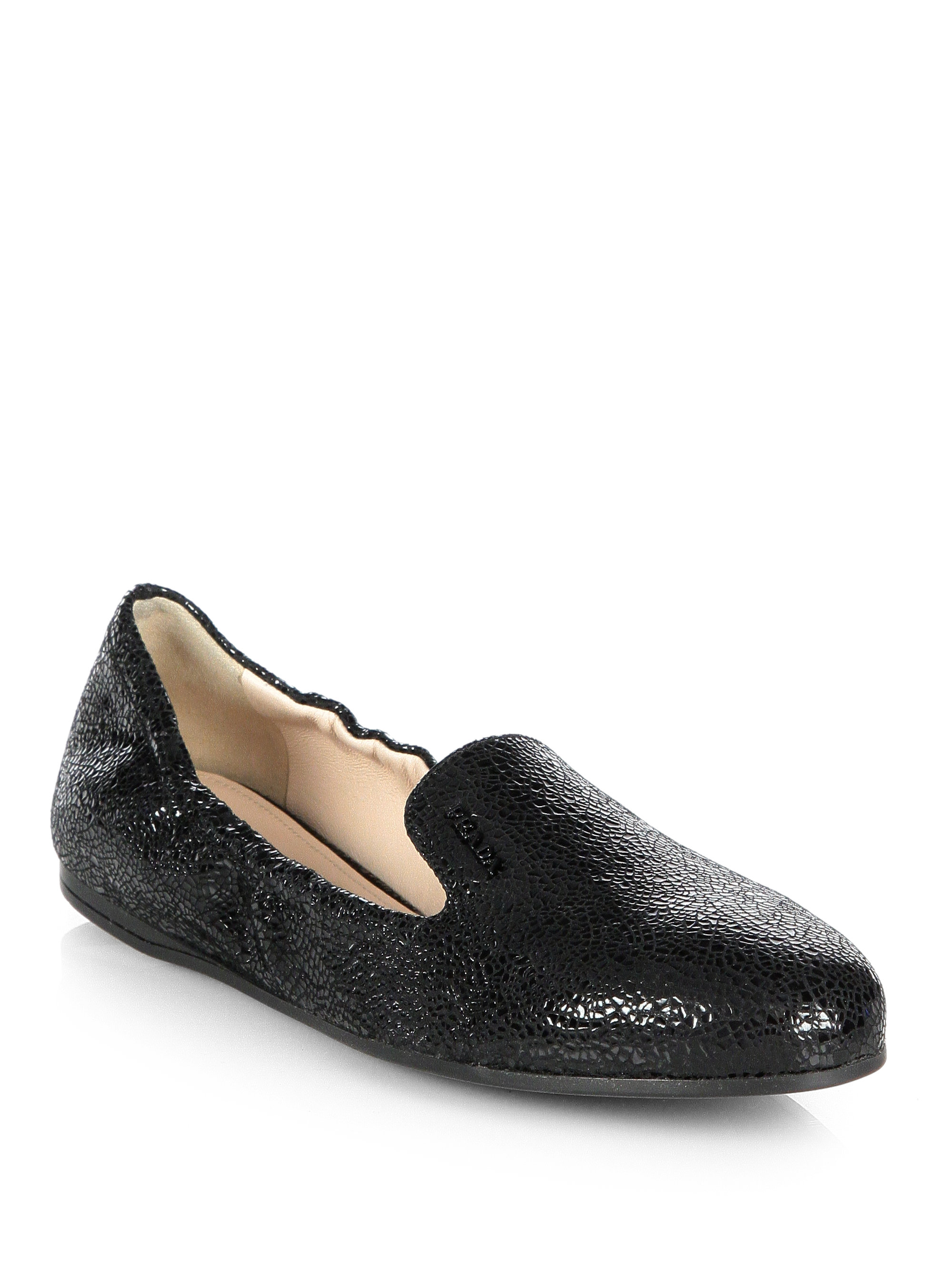 Prada Crackled Leather Smoking Slippers in Black (nero-black) | Lyst  