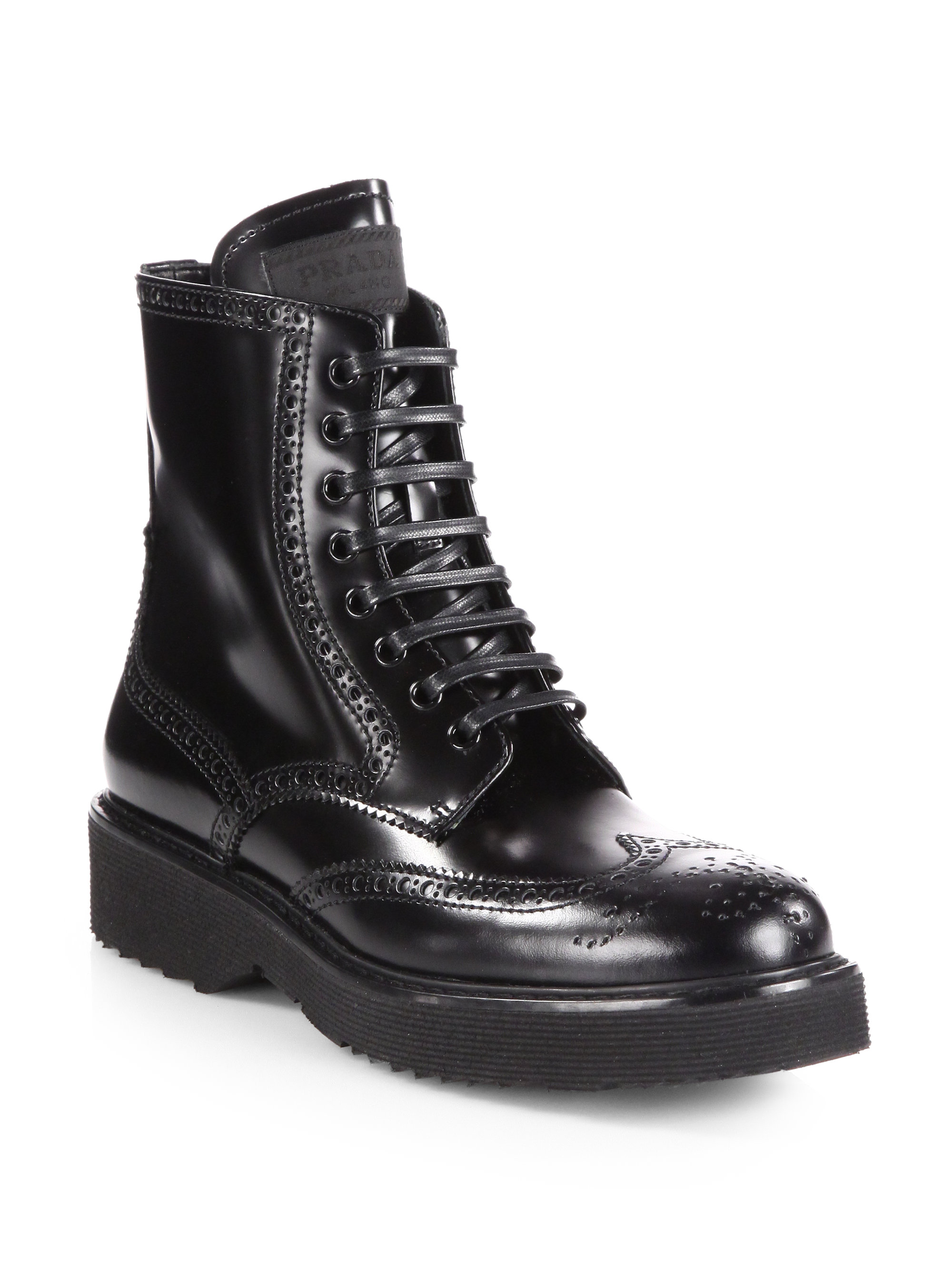 Prada Leather Wingtip Laceup Ankle Boots in Black | Lyst
