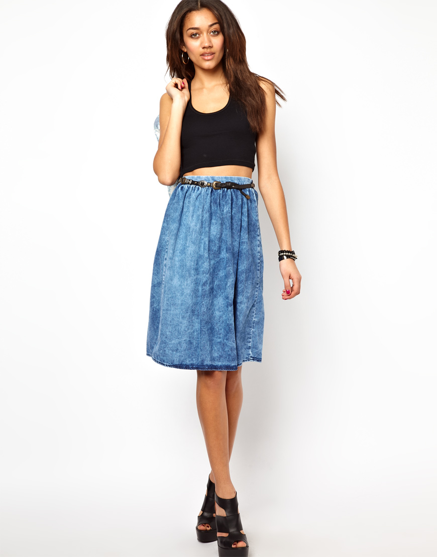 acid wash midi skirt