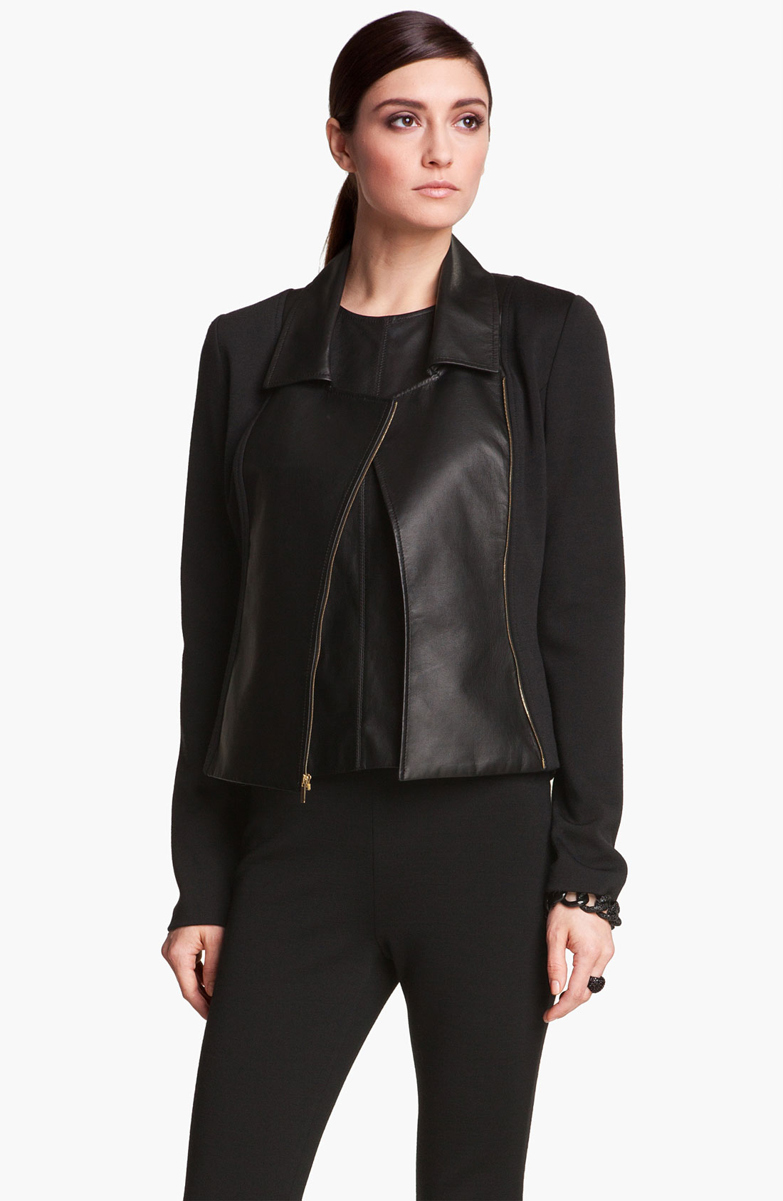St. John Collection Leather Milano Knit Moto Jacket in Black (caviar ...