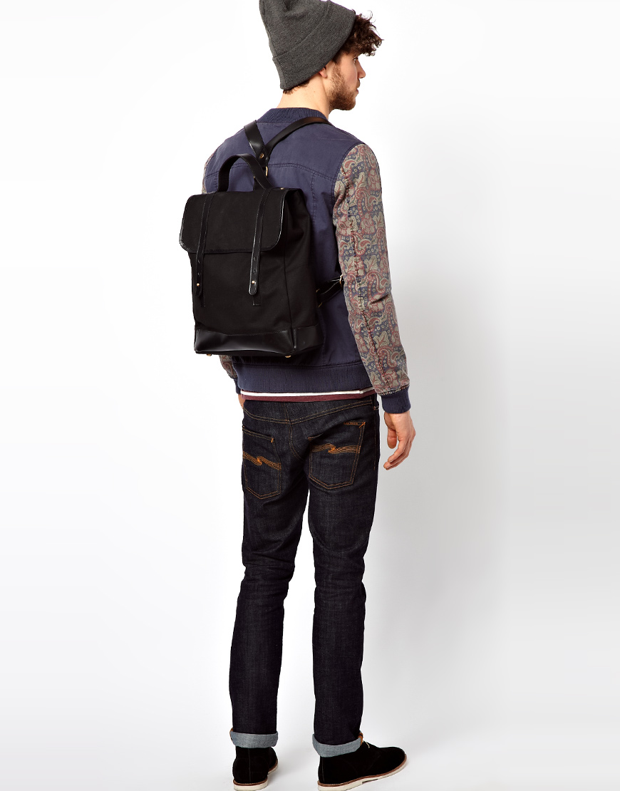 lyst - asos canoe shape canvas backpack with leather trim