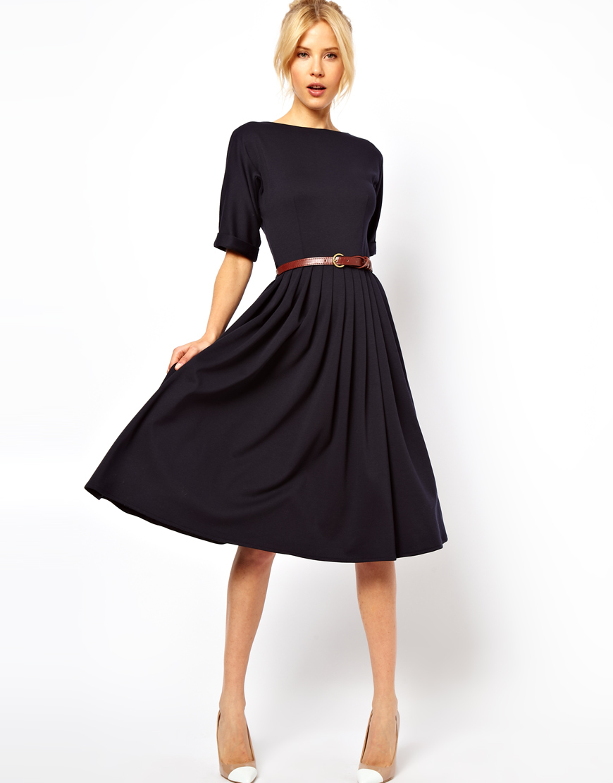 ASOS Midi Dress With Full Skirt And Belt in Blue | Lyst