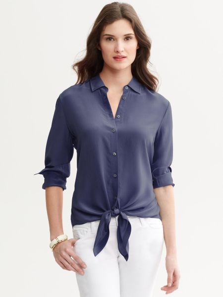 Banana Republic Silk Tie Front Blouse in Blue (fall navy) | Lyst