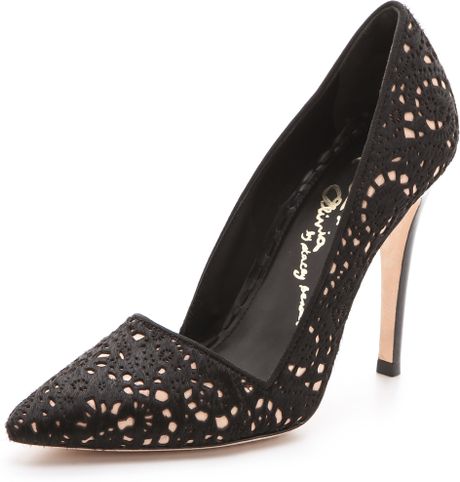 Alice + Olivia Dina Laser Cut Haircalf Pumps in Black | Lyst