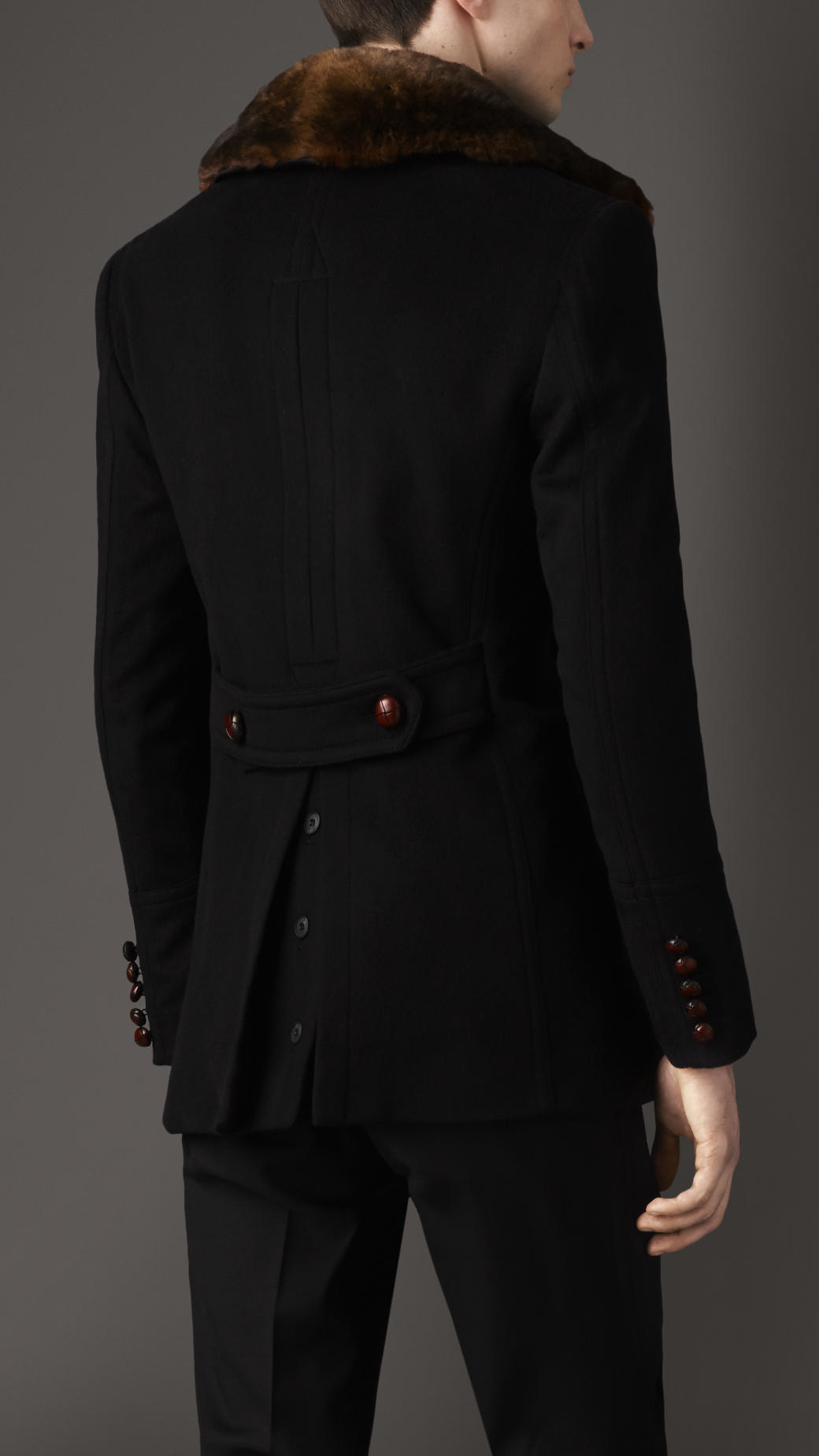 Burberry Fur Collar Pea Coat in Black for Men | Lyst UK