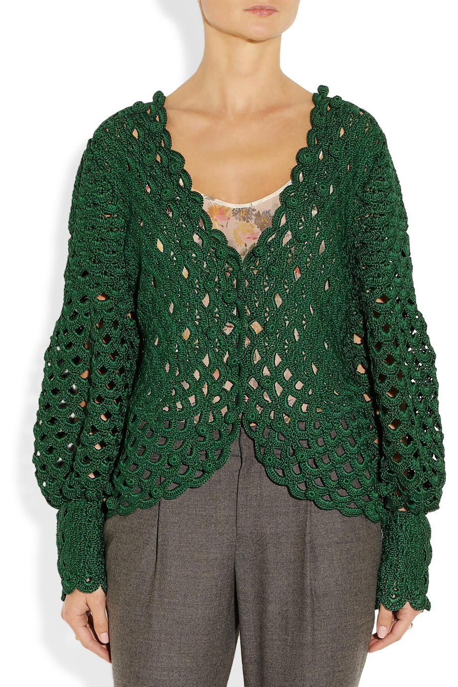 Oscar de la Renta Crochet/ Knit Silk Cardigan in Green - Lyst