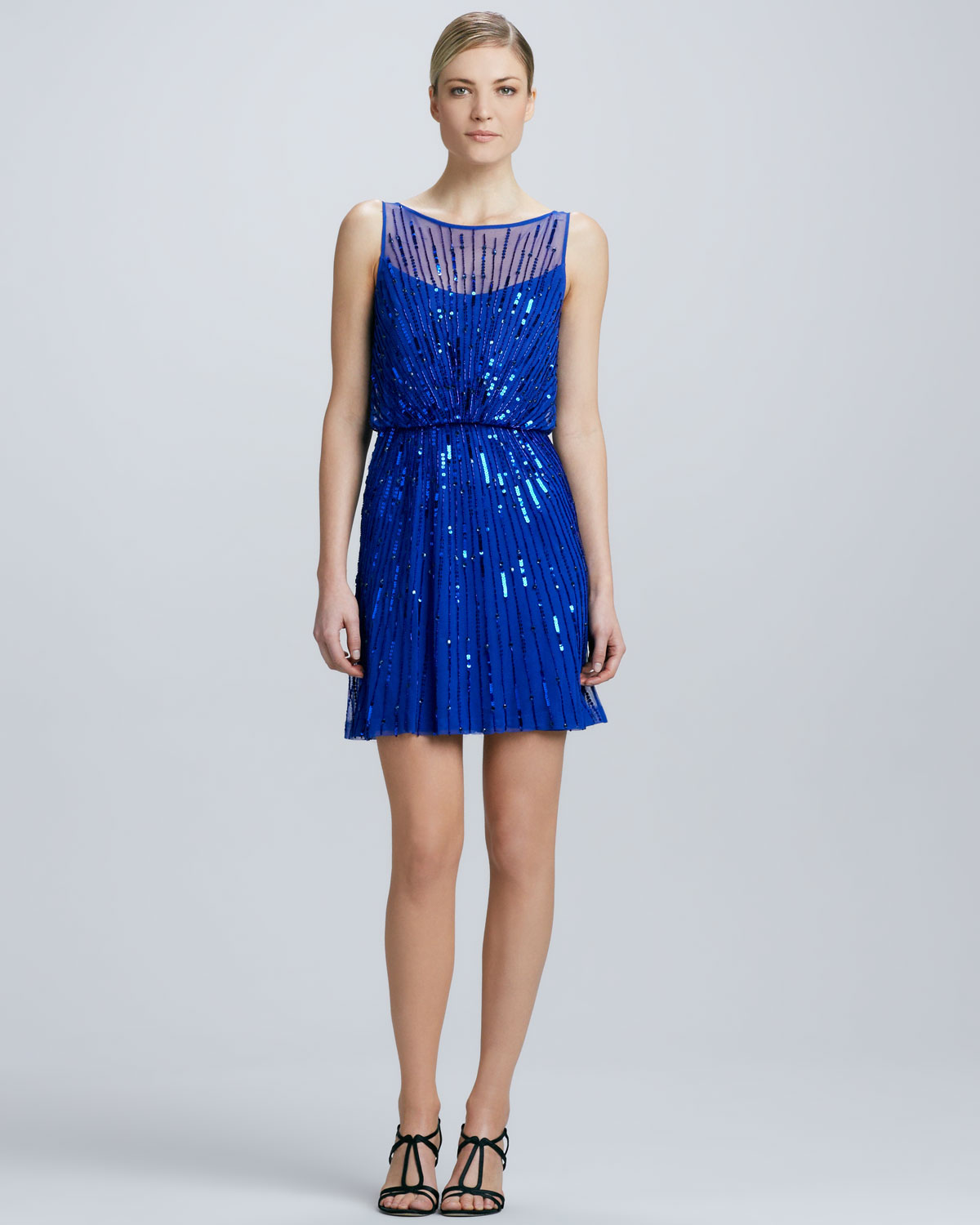 Aidan Mattox Boatneck Sequined Cocktail Dress in Blue (neptune)