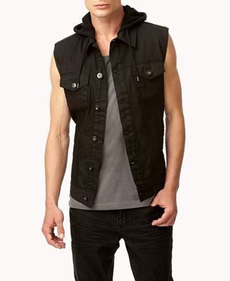 black denim vest with hood