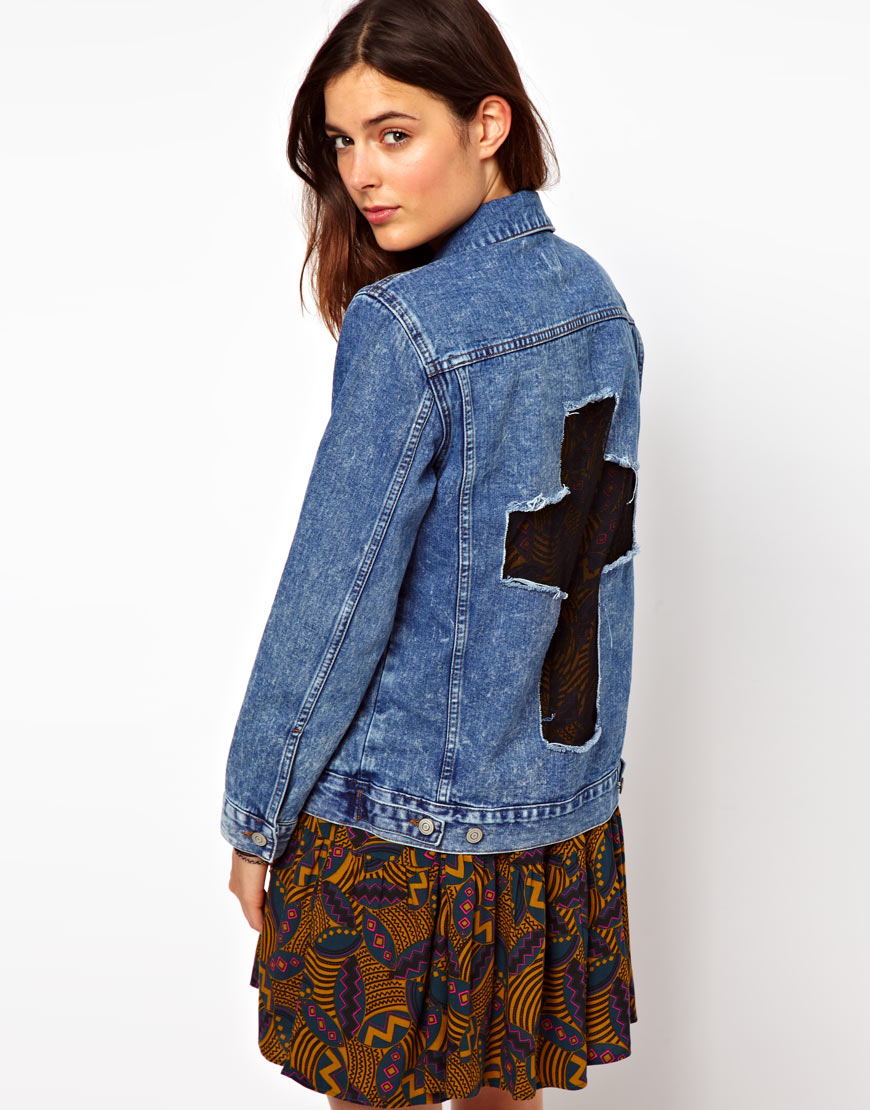 Lyst Asos Denim Jacket in Acid Wash with Lace Cross Back Detail in Blue