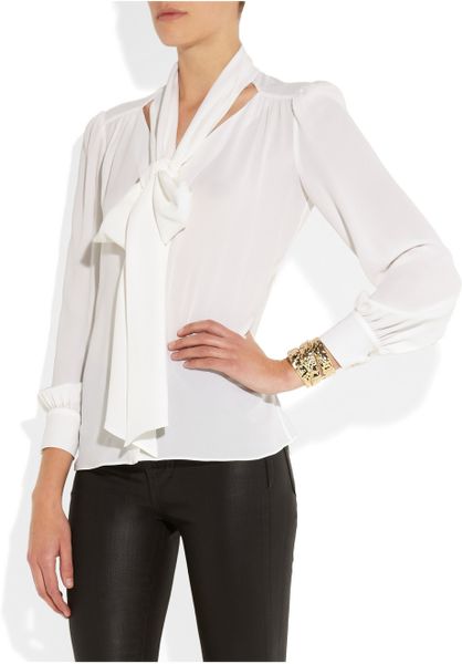 Michael Kors Silk Georgette Pussy Bow Blouse in White | Lyst