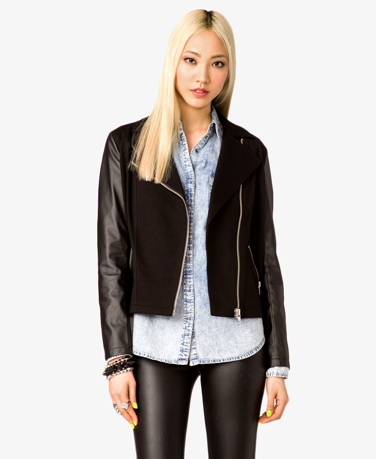 Forever 21 Black Faux Leather Sleeve Moto Jacket