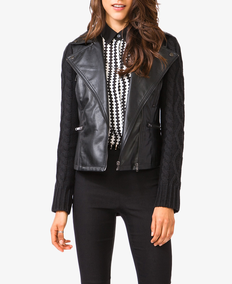 Forever 21 Moto Jacket With Cable Knit Sleeves In Black Lyst Gallery