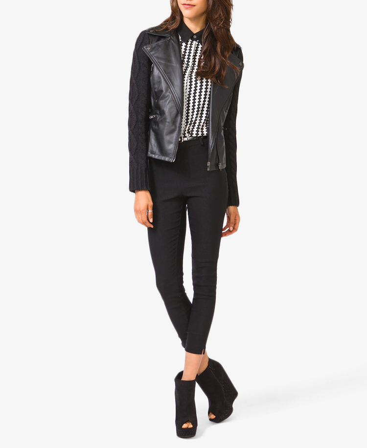 Moto Jacket With Cable Knit Sleeves 